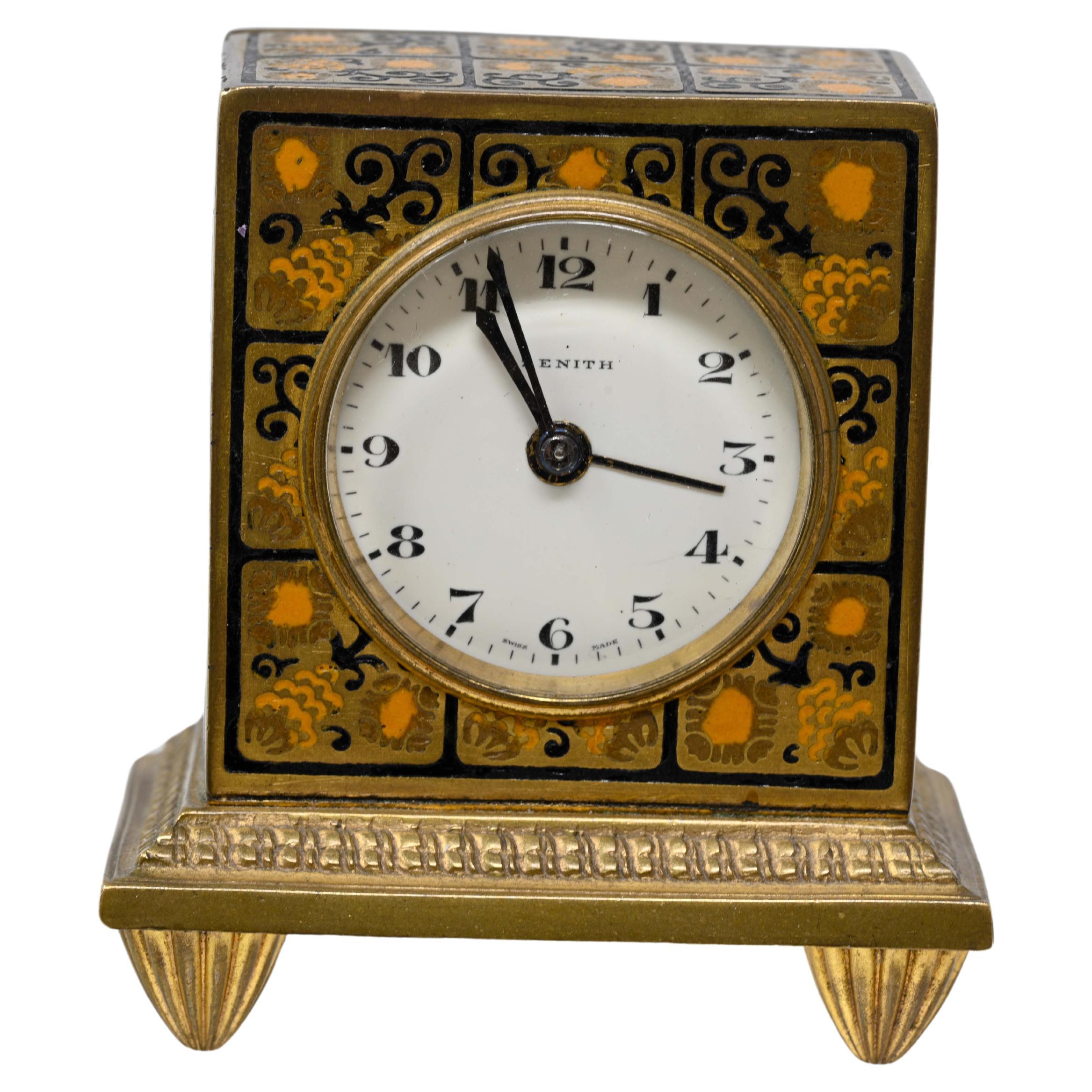 Zenith Alarm Enamelled Bronze Dore Traveller Clock For Sale