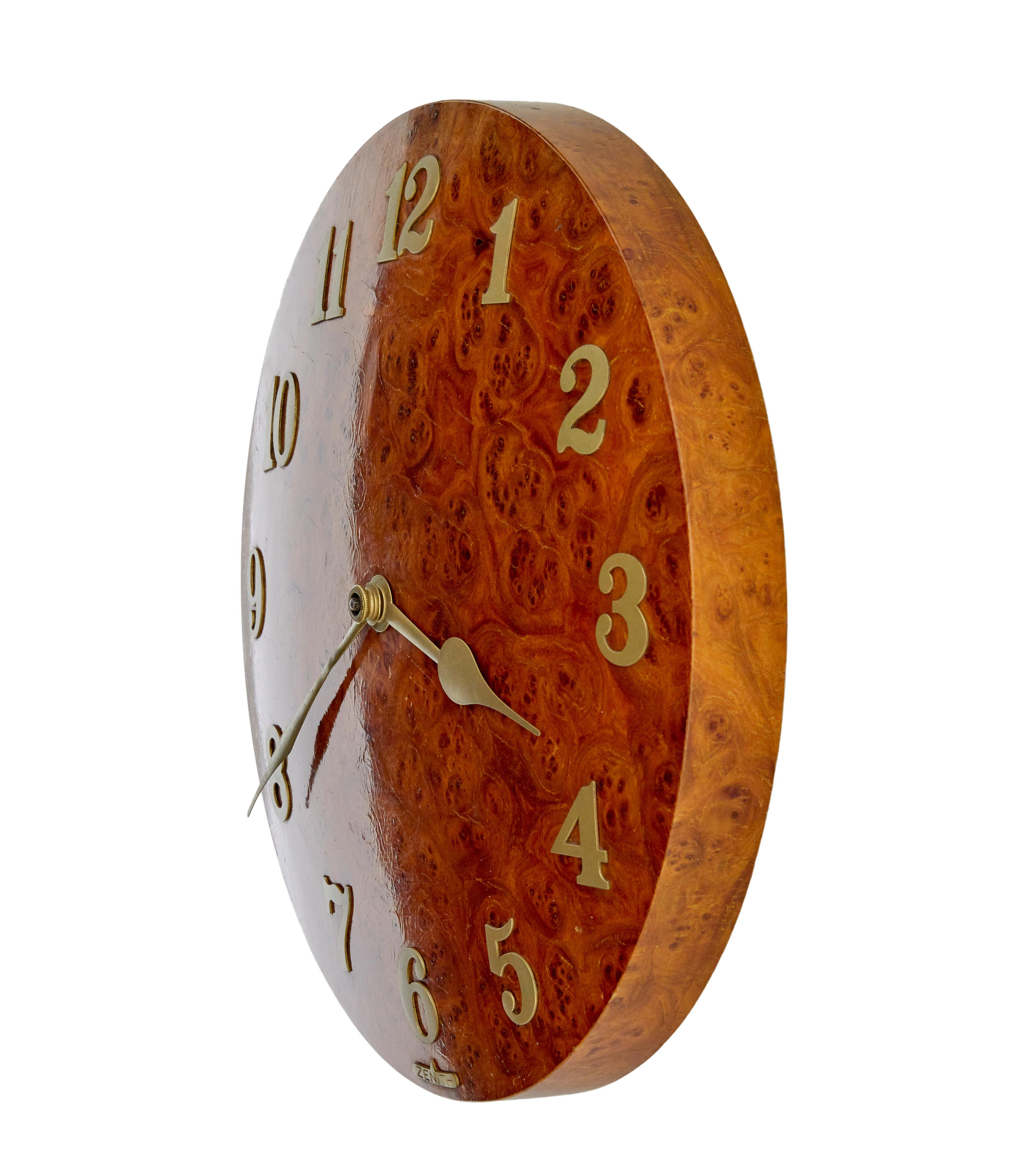 Woodwork Zenith art deco burr and brass wall clock