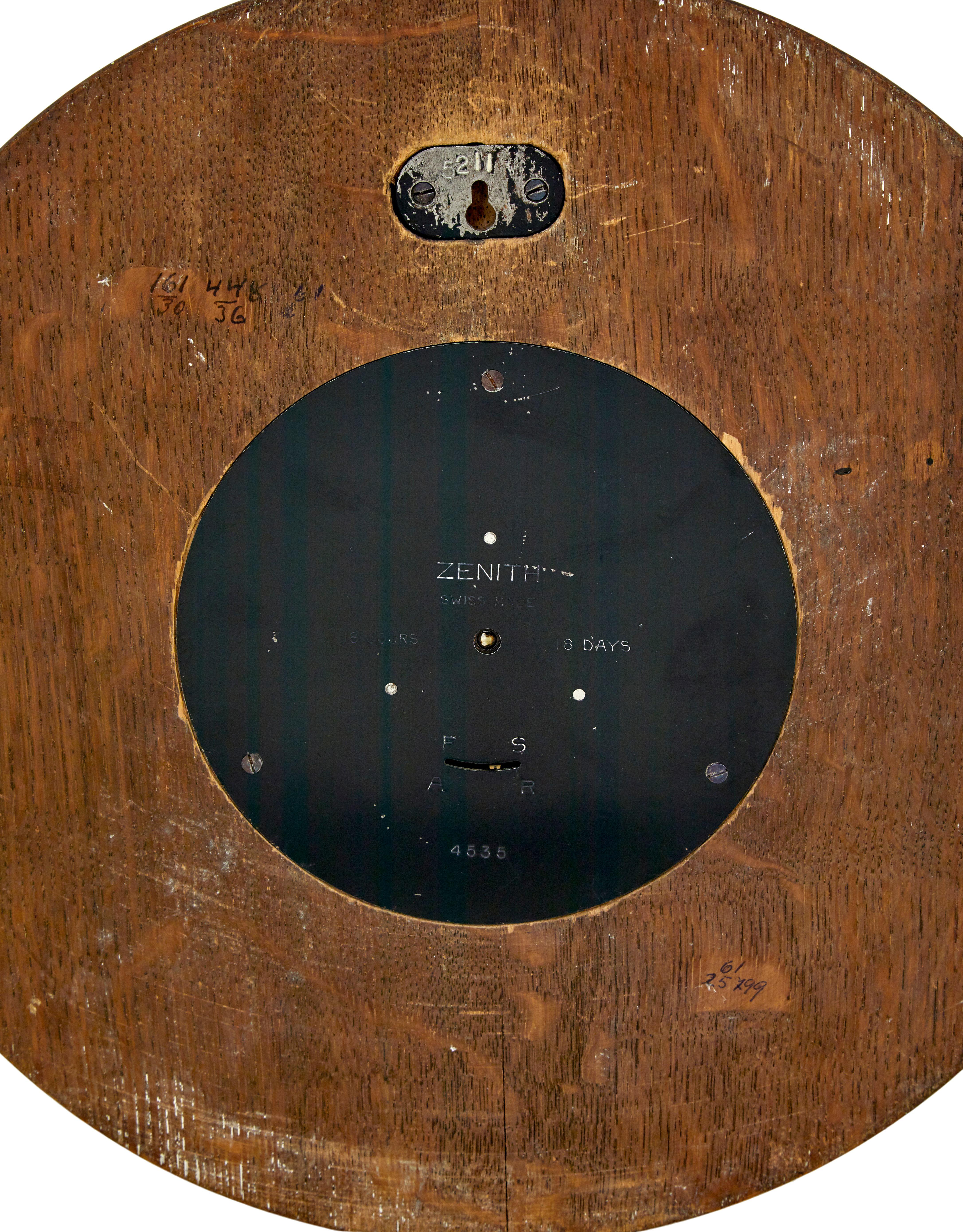 Zenith art deco oak and brass wall clock In Good Condition In Debenham, Suffolk