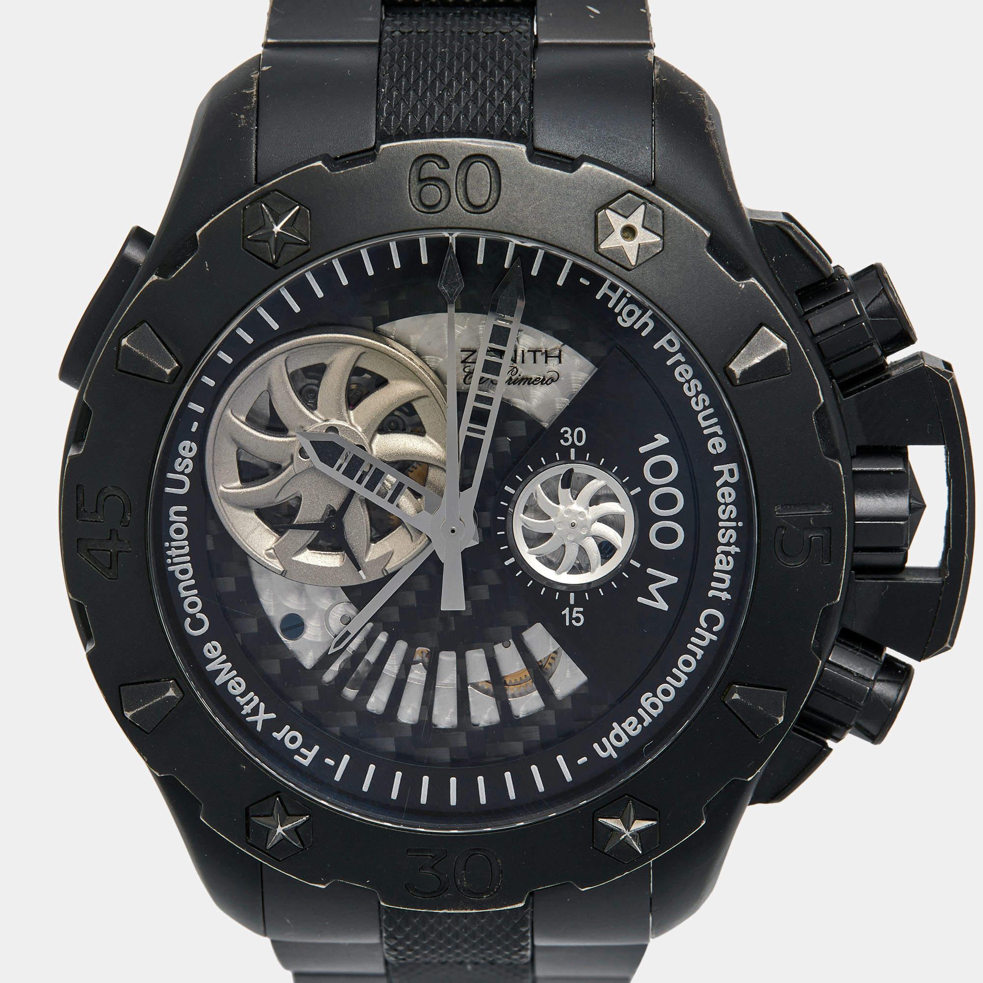 Zenith's Defy Xtreme Stealth Limited Edition 96.0527.4021/22.M529 watch is made of titanium. It has a highly shock-resistant build and 1000m of water resistance. The elements employed in the case and on the dial give it an avante-garde look and