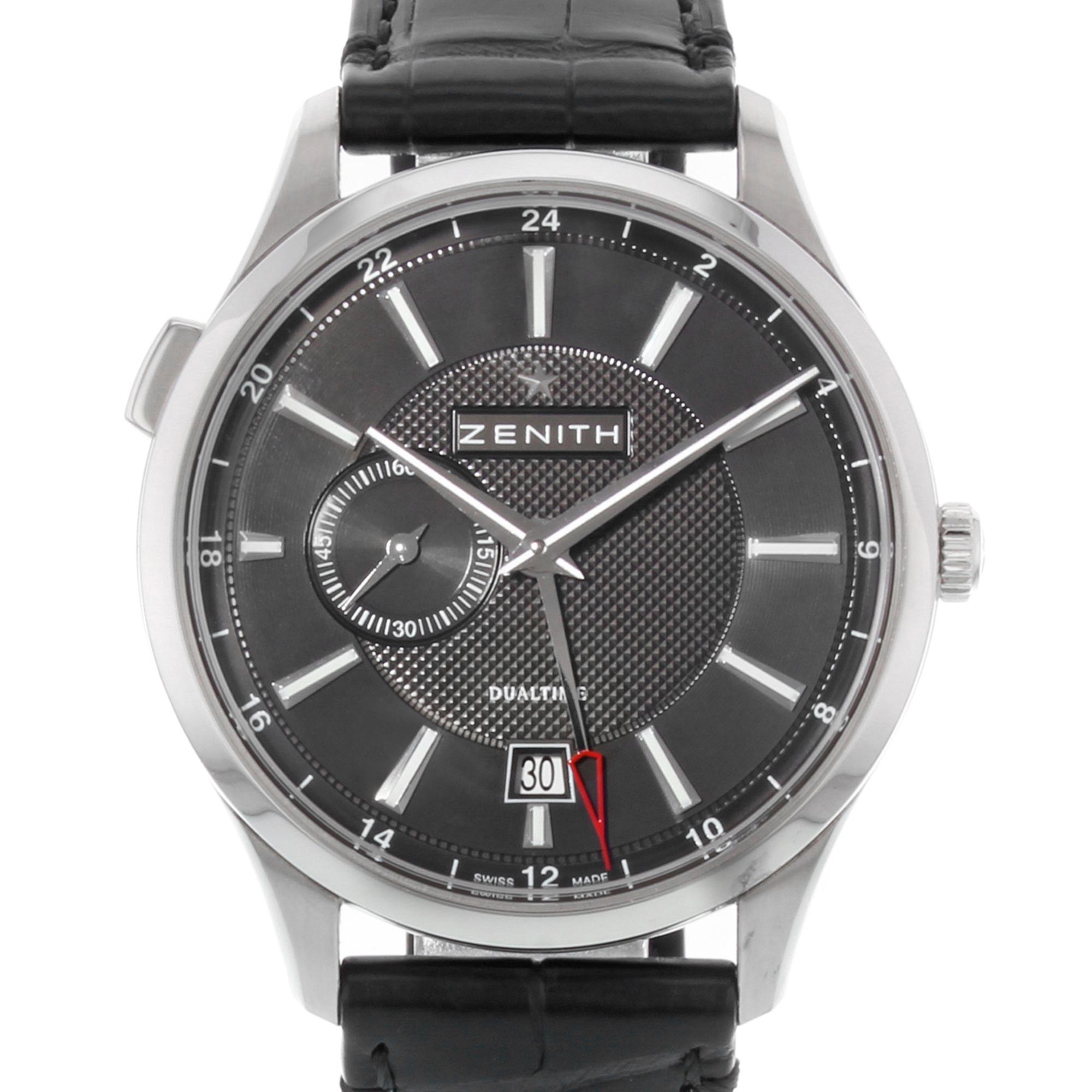 This brand new Zenith Captain 03.2130.682/22.C493 is a beautiful men's timepiece that is powered by an automatic movement which is cased in a stainless steel case. It has a round shape face, date, dual time, small seconds subdial dial and has hand