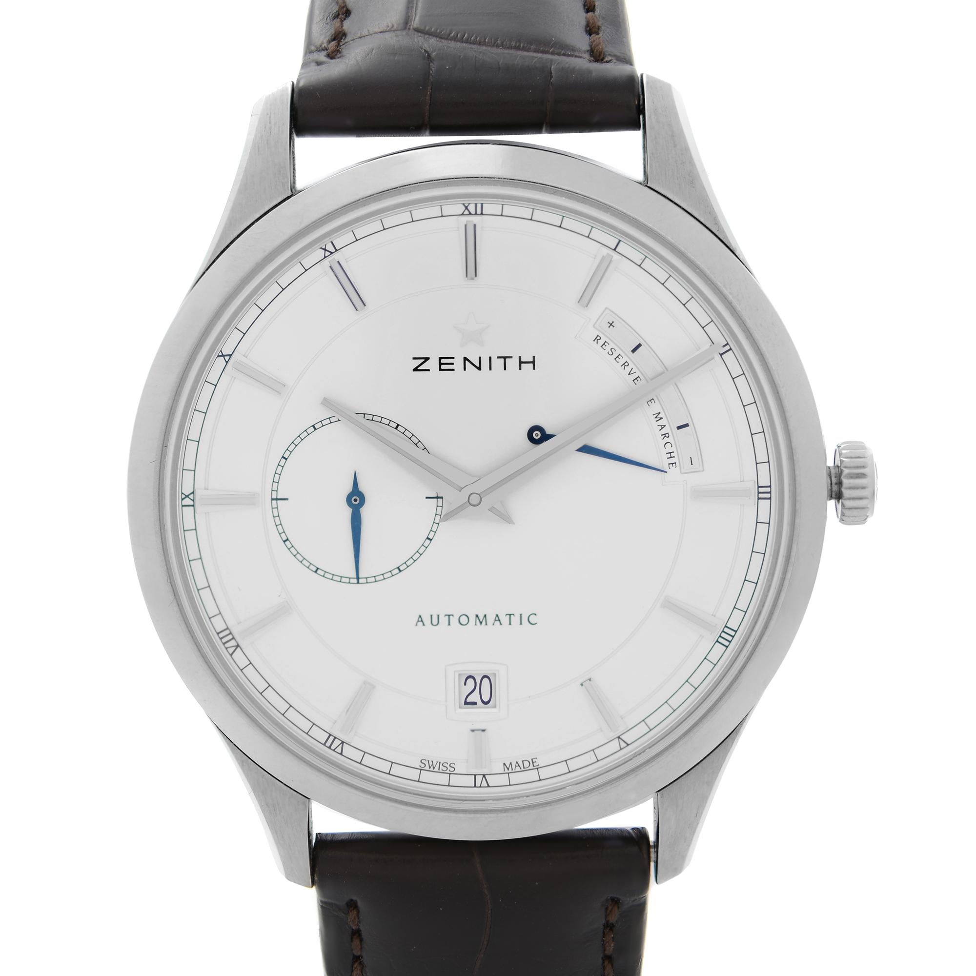 Unworn Zenith Captain 40mm Stainless Steel Power Reserve Silver Dial Men's Automatic Watch 03.2122.685/01.C498. The Watch is powered by an Automatic Movement. This Beautiful Timepiece Features: Polished Stainless Steel Round Case and Two-Piece