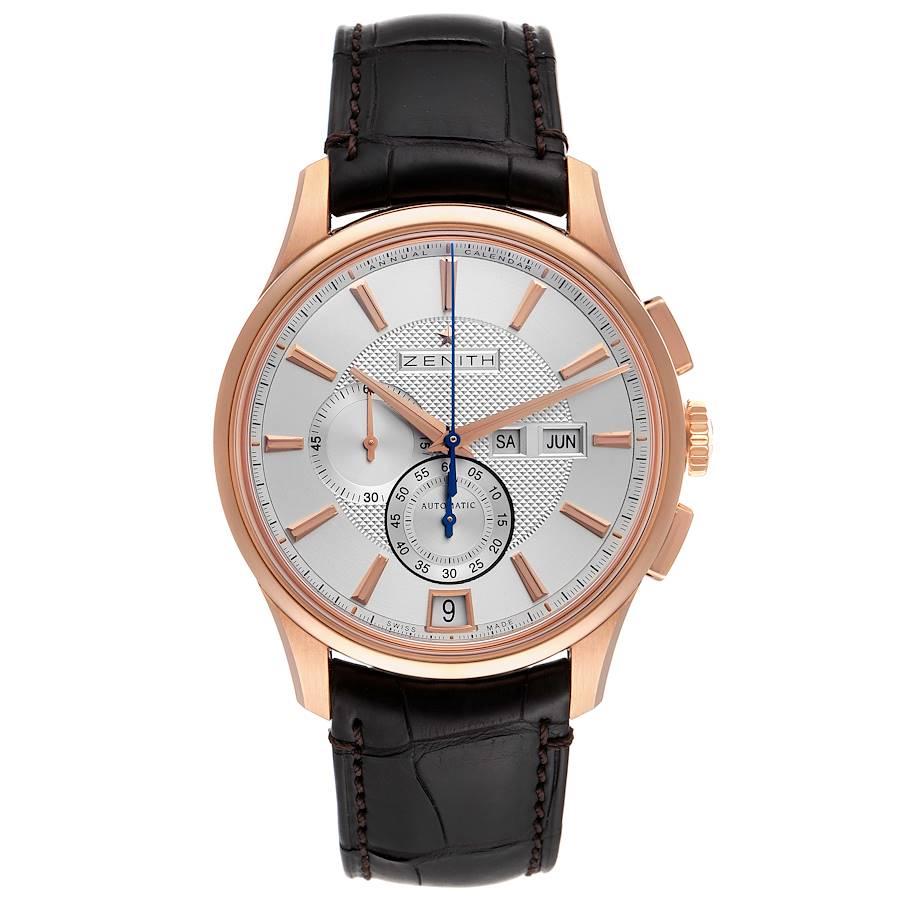 Zenith Captain Winsor Annual Calendar Rose Gold Mens Watch 18.2070.4054 Unworn. Mouvement chronographe à remontage automatique Zenith El Primero. Boîtier en or rose 18 carats de 42 mm de diamètre. Fond saphir transparent d'exposition. Lunette lisse