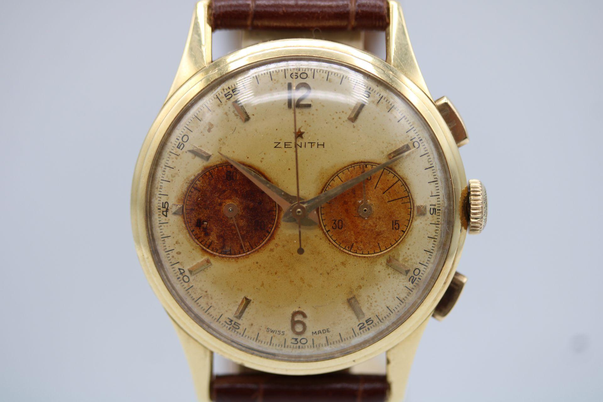 This Zenith Chronograph Calibre 156.17 from 1956 is available now.

What can we say about this vintage Zenith Chronograph….. Unique, stunning, rare, and in exceptional working order

A stunning tropical dial that has naturally aged and discoloured