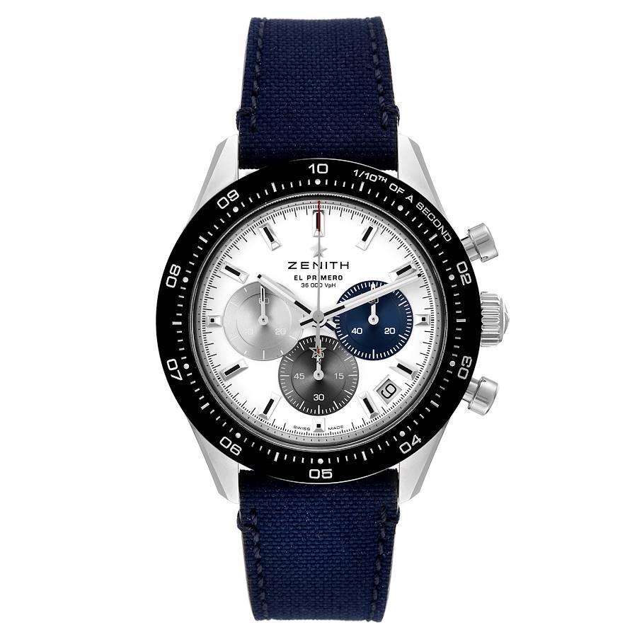 Zenith Chronomaster Sport 41mm Steel Mens Watch 03.3100.3600 Box Card. Zenith El Primero self-winding movement . Stainless steel case 41.0 mm in diameter. Exhibition sapphire crystal case back. Black ceramic bezel with 10 seconds scale engraving.