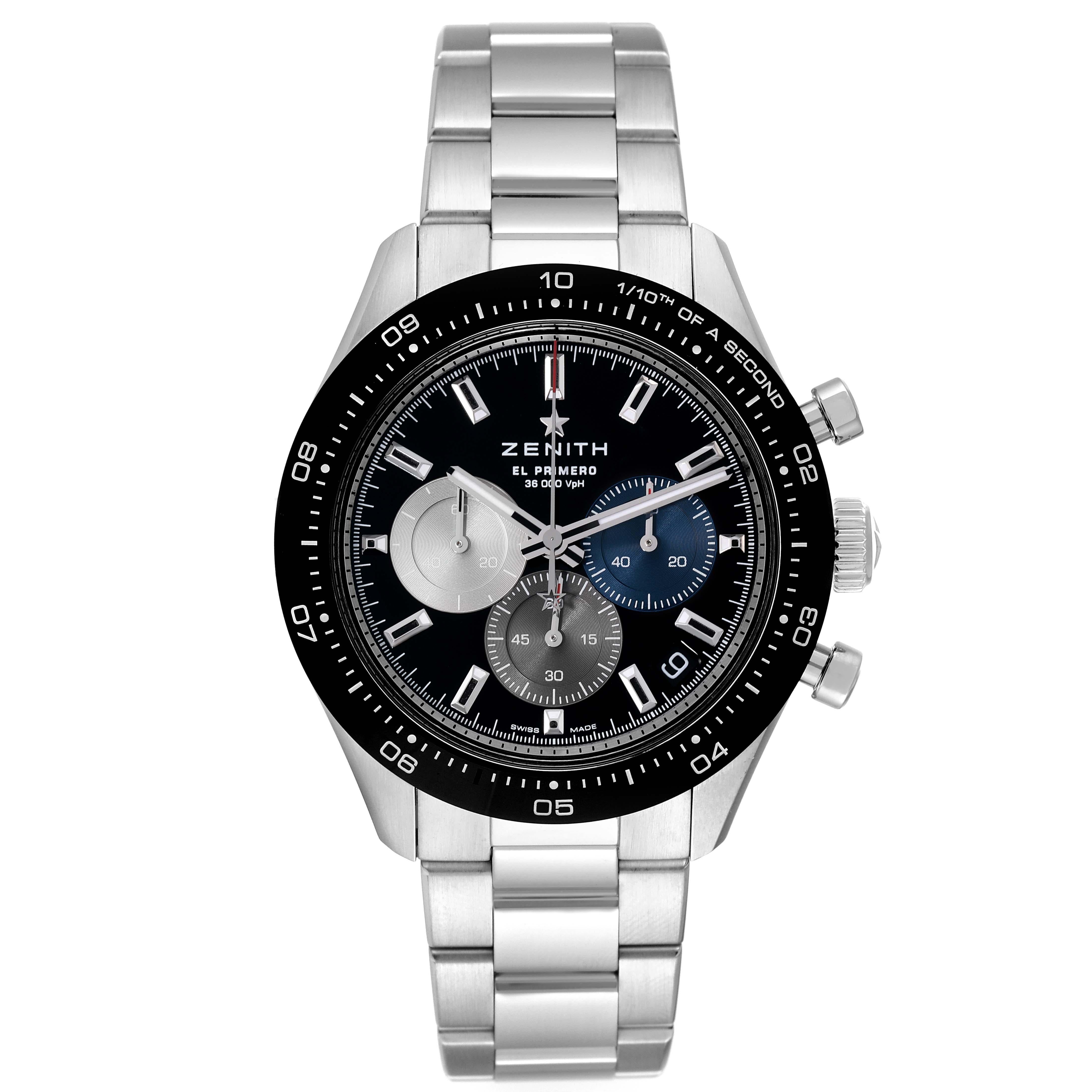 Zenith Chronomaster Sport 41mm Steel Mens Watch 03.3100.3600 Box Card. Zenith El Primero self-winding movement . Stainless steel case 41.0 mm in diameter. Exhibition transparent sapphire crystal case back. Black ceramic bezel with 10 seconds scale