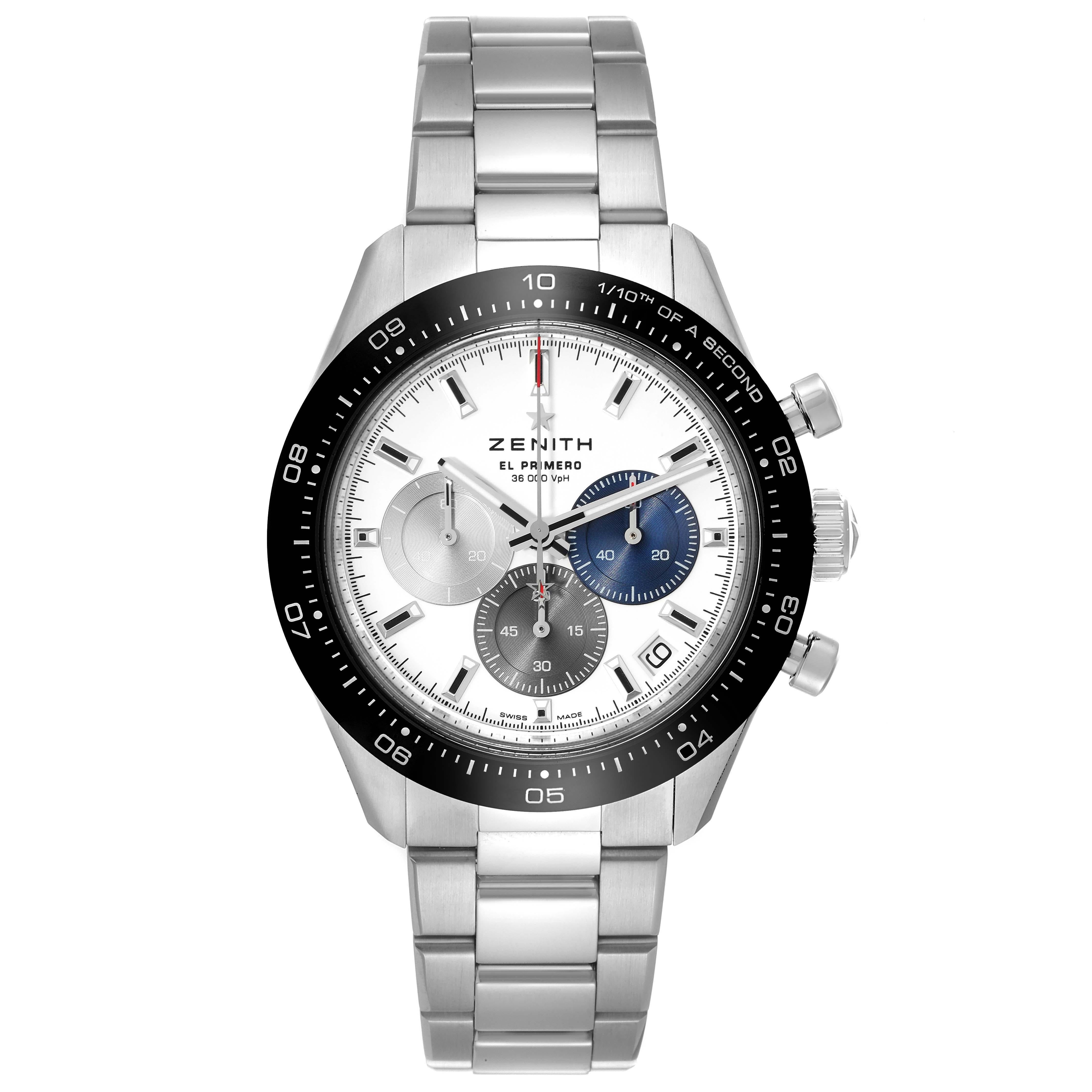 Zenith Chronomaster Sport 41mm Steel Mens Watch 03.3100.3600 Box Card. In house Zenith El Primero self-winding automatic 1/10th of a second Chronograph movement . Stainless steel case 41.0 mm in diameter. Chronograph pushers at 2 and 4 o'clock.