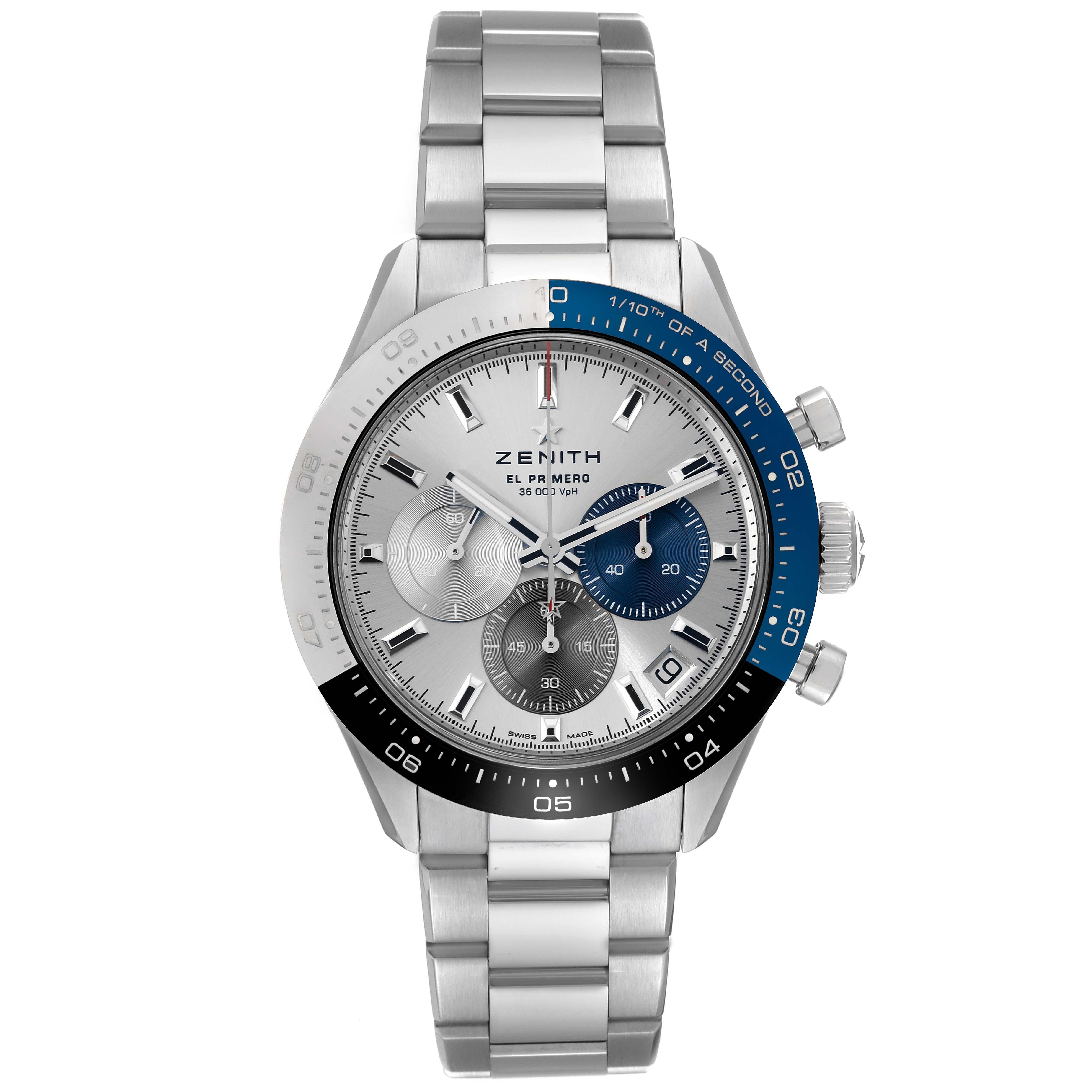 Zenith Chronomaster Sport 41mm Steel Mens Watch 03.3103.3600 Box Card. In house Zenith El Primero self-winding automatic 1/10th of a second Chronograph movement. Stainless steel case 41.0 mm in diameter. Chronograph pushers at 2 and 4 o'clock. Crown