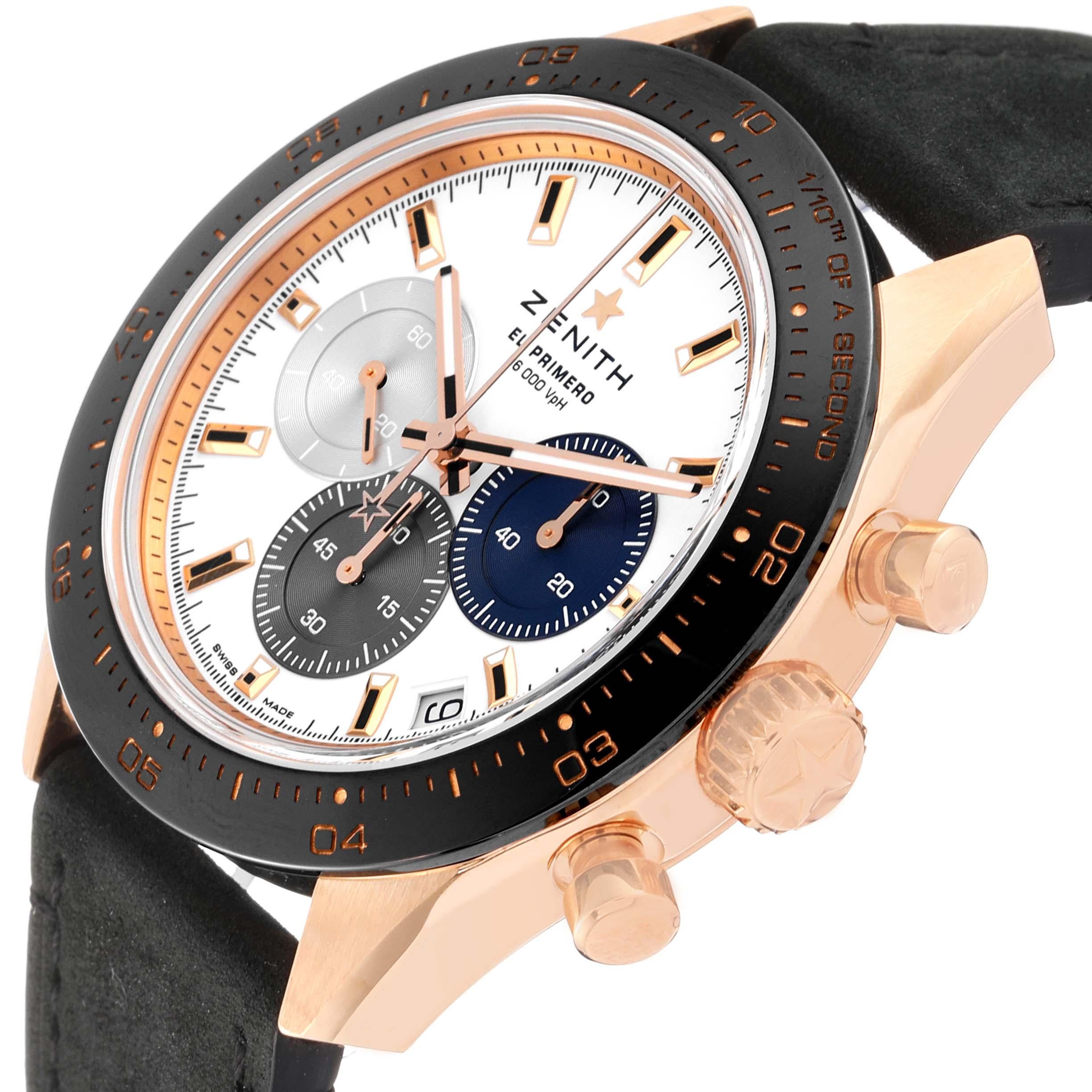 Zenith Chronomaster Sport Rose Gold Mens Watch 18.3100.3600 Box Card. In-house Zenith El Primero self-winding automatic 1/10th of a second chronograph movement. 18k rose gold case 41.0 mm in diameter. Chronograph pushers at 2 and 4 o'clock. Crown