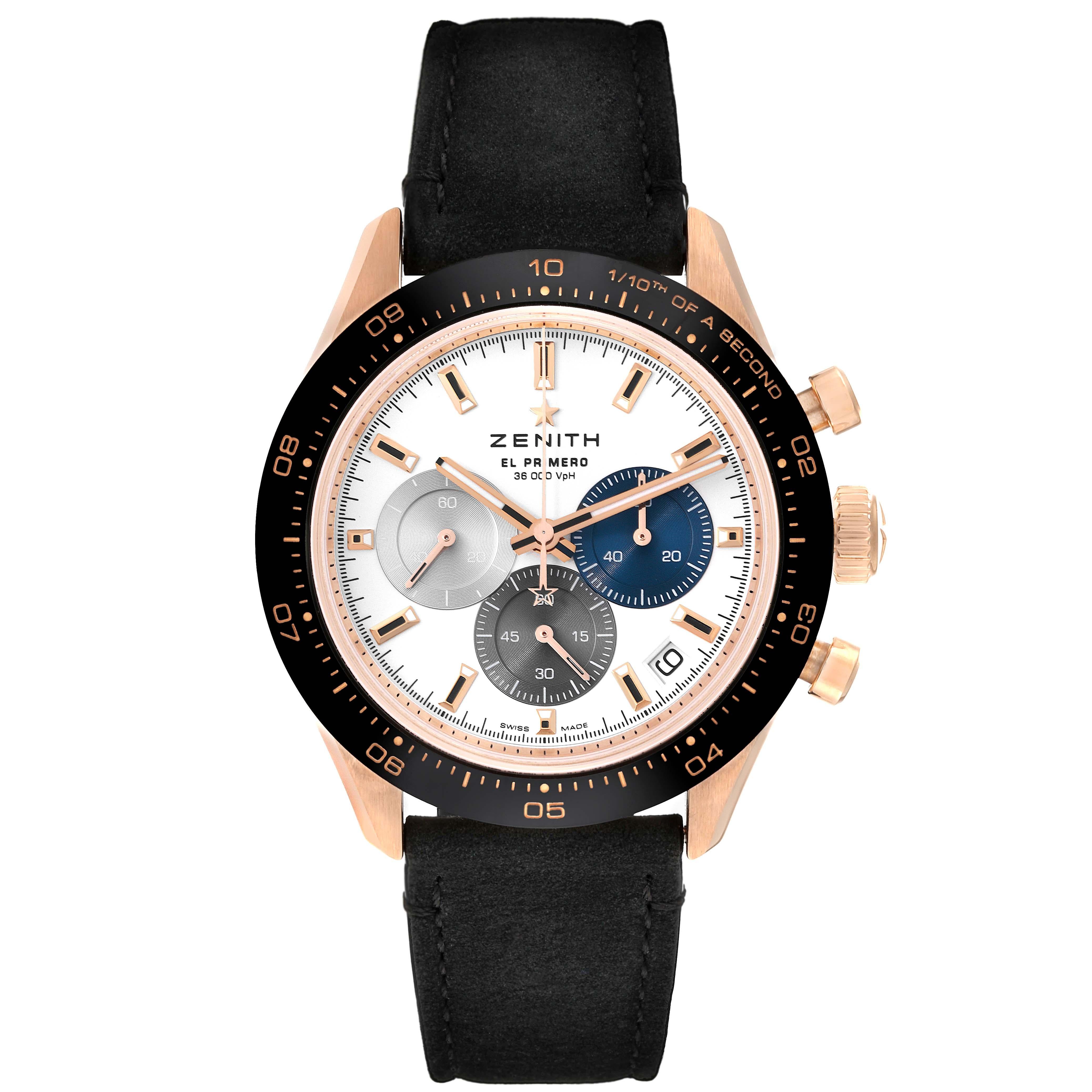 Zenith Chronomaster Sport Rose Gold Mens Watch 18.3100.3600 Unworn. In-house Zenith El Primero self-winding automatic 1/10th of a second chronograph movement. 18k rose gold case 41.0 mm in diameter. Chronograph pushers at 2 and 4 o'clock. Crown with