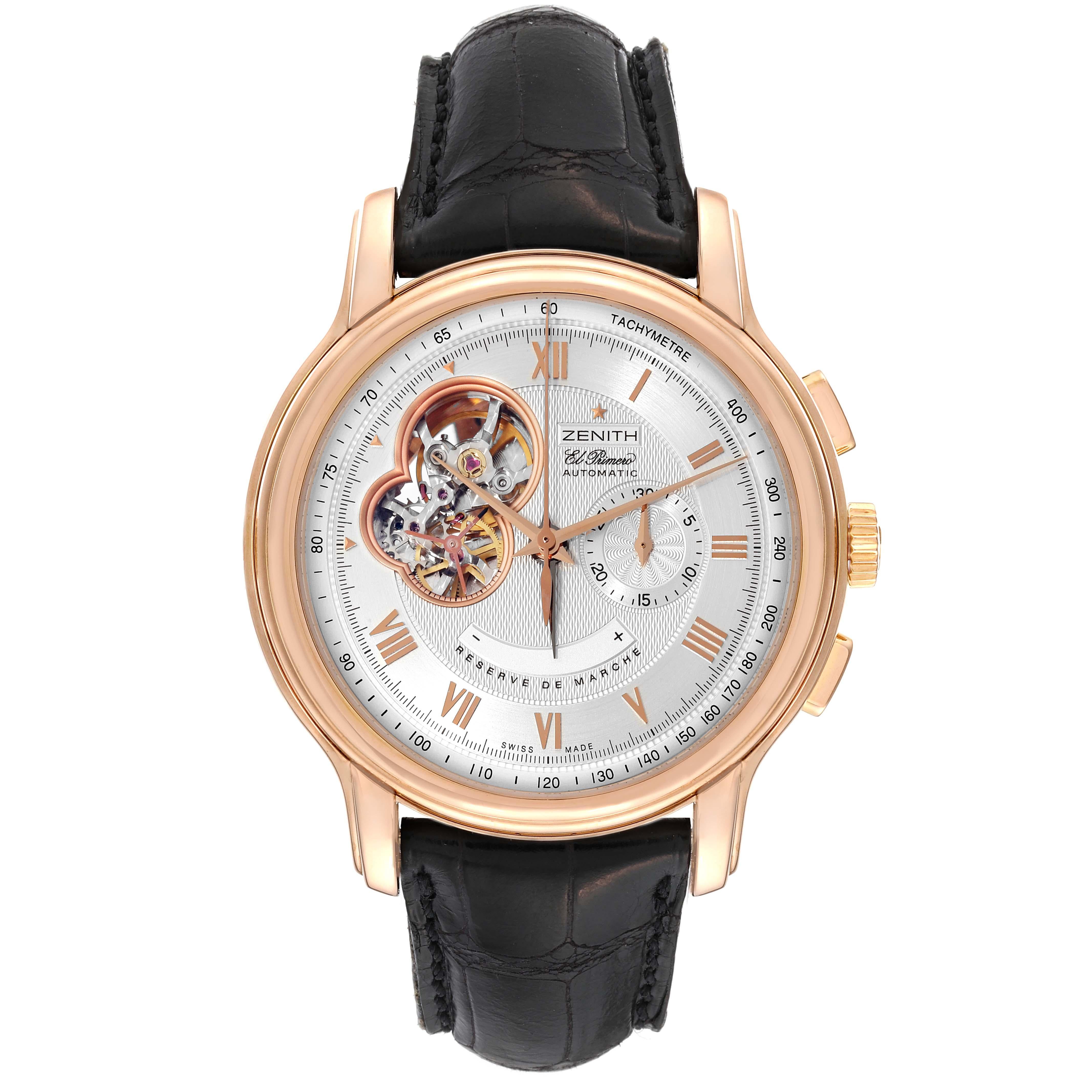 Zenith Chronomaster XXT Open Rose Gold Mens Watch 18.1260.4021 Box Papers. Zenith El Primero automatic self-winding movement . 18k rose gold case 45.0 mm in diameter. Exhibition transparent sapphire crystal case back. 18k rose gold smooth bezel.
