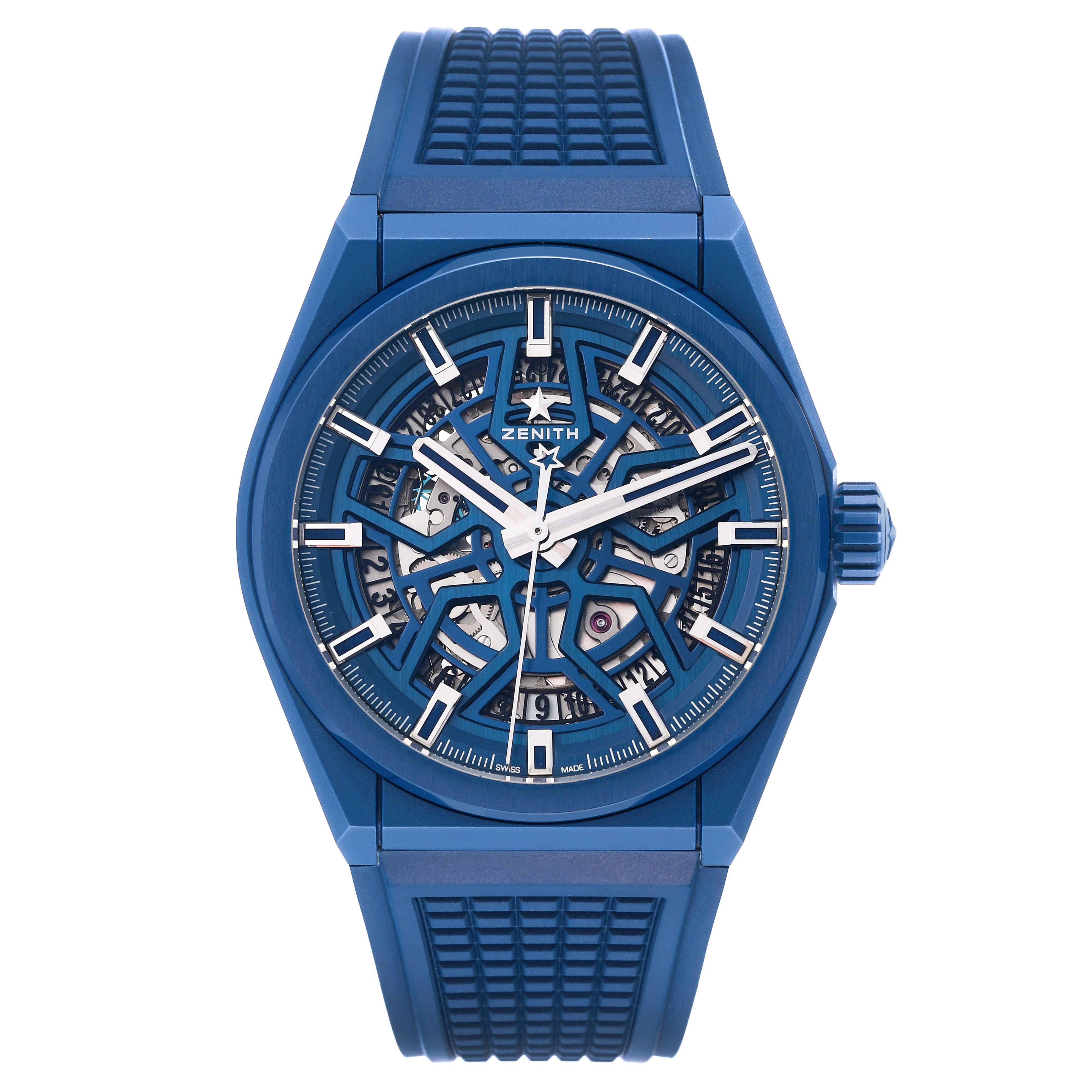 Zenith Defy Classic Skeletal Dial Blue Ceramic Mens Watch 49.9003.670. Automatic self-winding movement. Ceramic case 41mm in diameter. Transparent exhibition sapphire crystal caseback. Fixed blue ceramic bezel. Scratch resistant sapphire crystal.