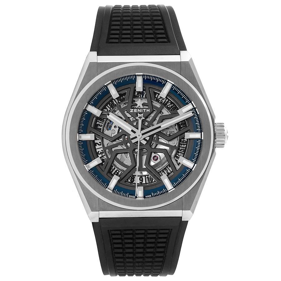 Zenith Defy Classic Skeleton Dial Titanium Mens Watch 95.9000.670. Automatic self-winding movement. Titanium case 41mm in diameter. Exhibition sapphire case back. Brushed titanium bezel. Scratch resistant sapphire crystal. Grey skeleton dial with