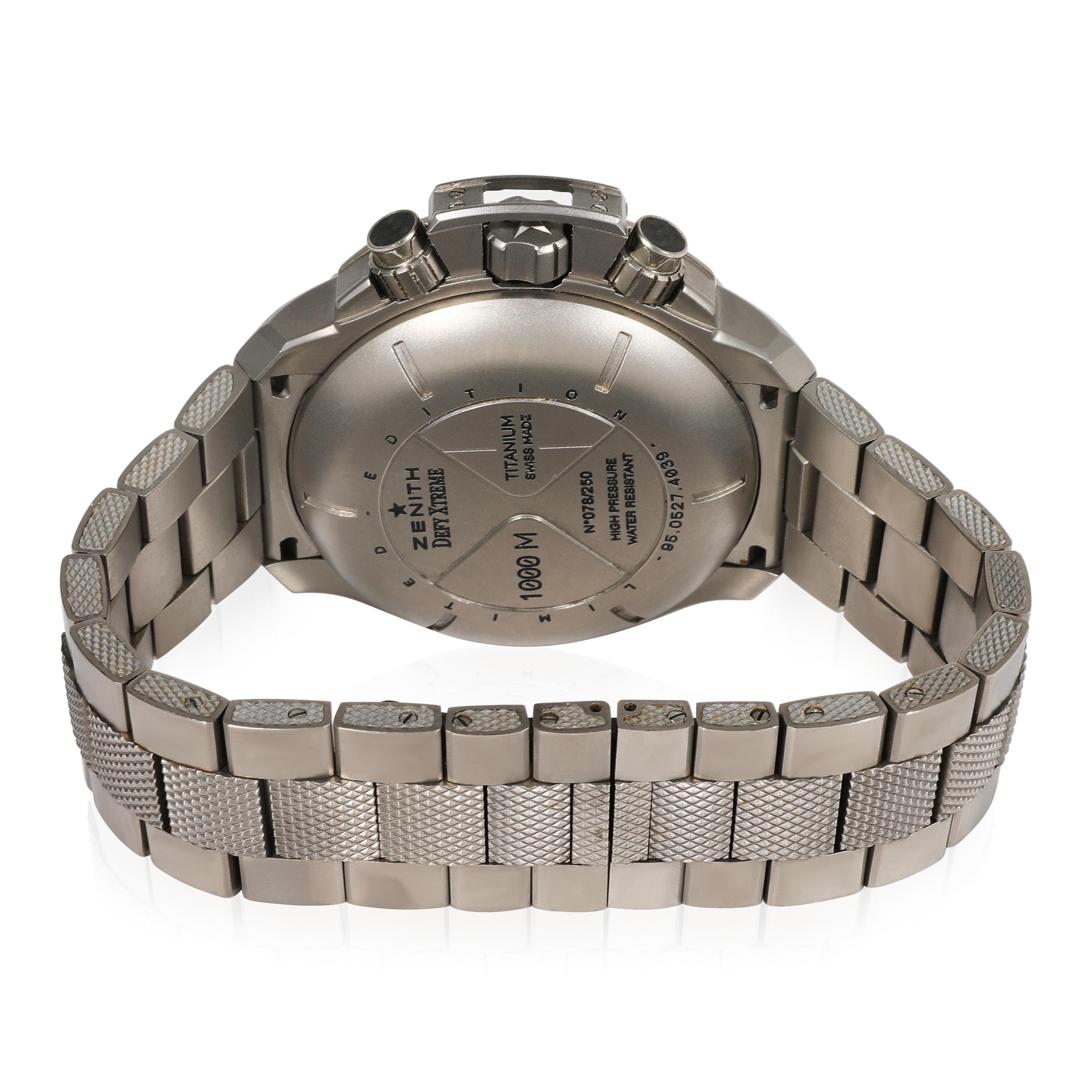 Zenith Defy Extreme 95.0527.4039 Men's Watch in  Titanium

SKU: 121178

PRIMARY DETAILS
Brand: Zenith
Model: Defy Extreme
Country of Origin: Switzerland
Movement Type: Mechanical: Hand-winding
Year Manufactured: 2010
Year of Manufacture: