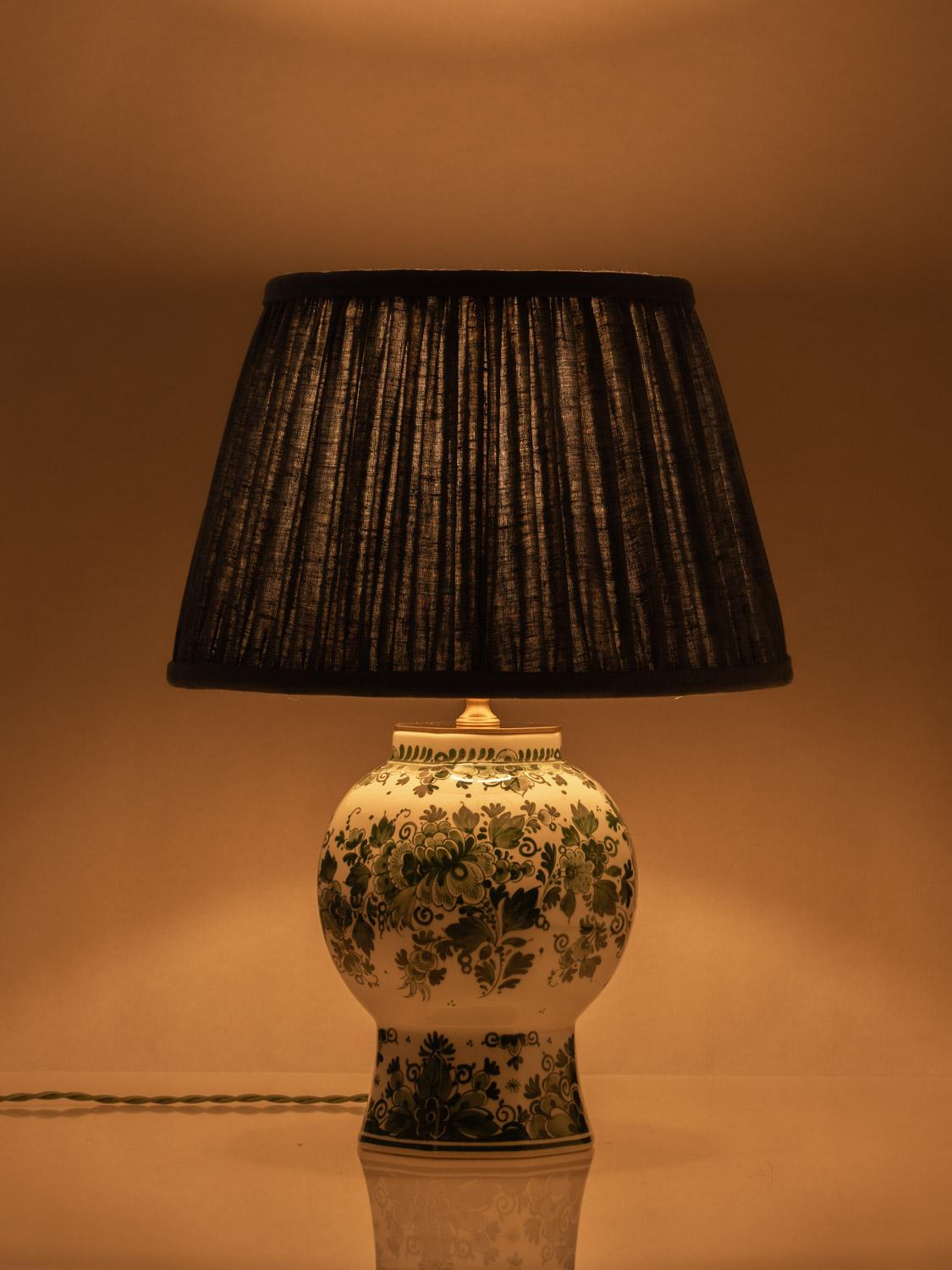 Dutch Zenith Delft Green Table Lamp (1935-1960) with New Slate Blue Linen Shade