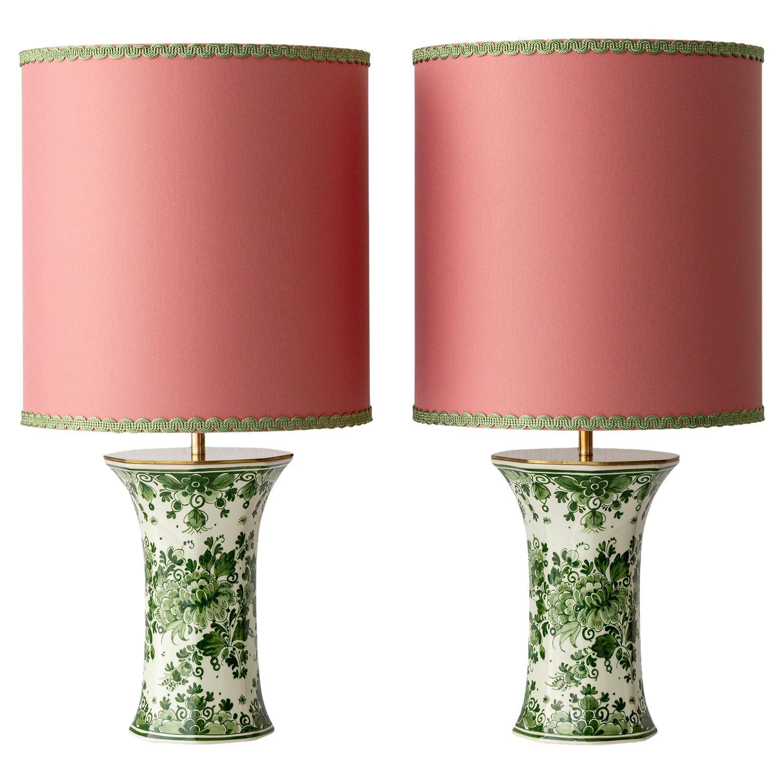 Zenith Delft Green Table Lamps (1950-1960), New Salmon Pink Satin Shades, Pair