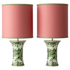 Zenith Delft Green Table Lamps (1950-1960), New Salmon Pink Satin Shades, Pair