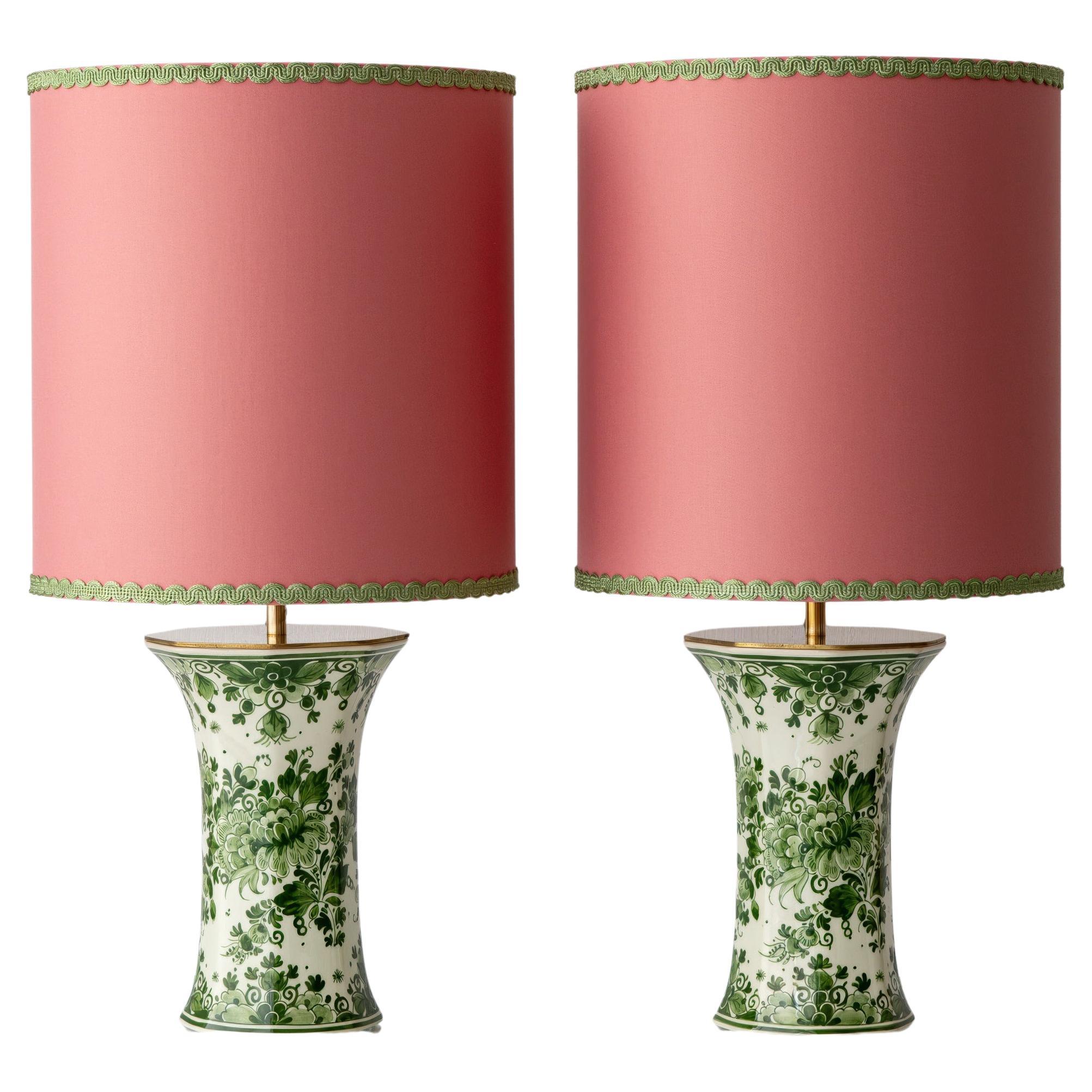 Dutch Delft Hand-Painted Green and White Ceramic Table Lamps by Zenith, 1950s For Sale