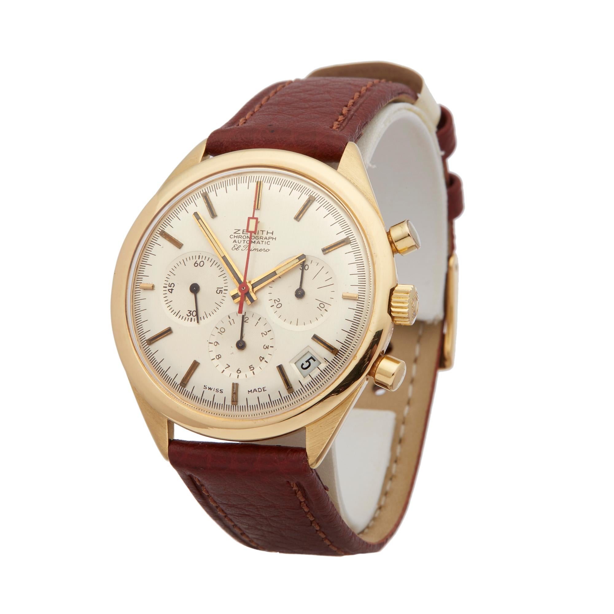 Ref: W5768
Manufacturer: Zenith
Model: El Primero
Model Ref: G583
Age: Circa 1960's
Gender: Mens
Complete With: Box only
Dial: Silver Baton
Glass: Sapphire Crystal
Movement: Automatic
Water Resistance: To Manufacturers Specifications
Case: 18k