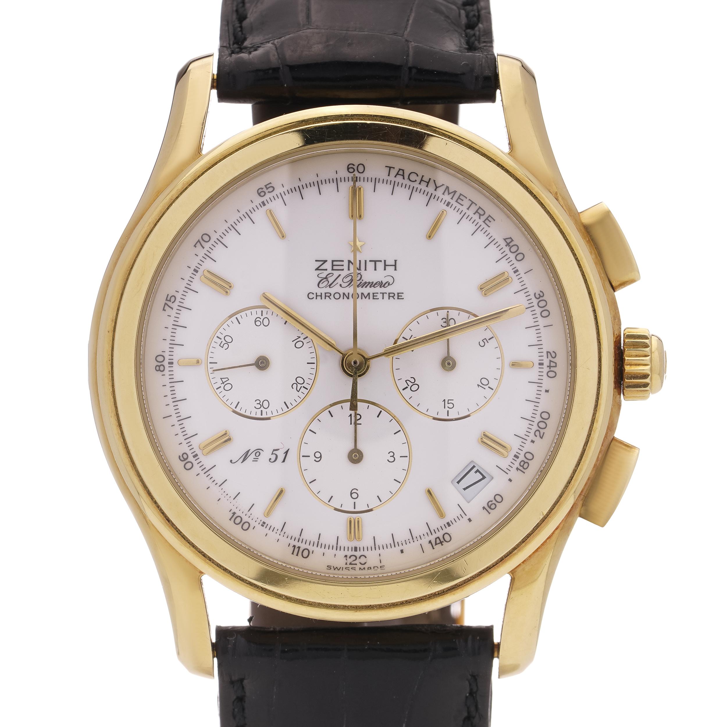 Zenith El Primero 18kt. yellow gold vintage Limited Edition 51/900 , Ref 30.0220 400  automatic calendar chronograph wristwatch.

The timepiece features a pristine white dial adorned with raised gilt baton hour markers, complemented by a black outer