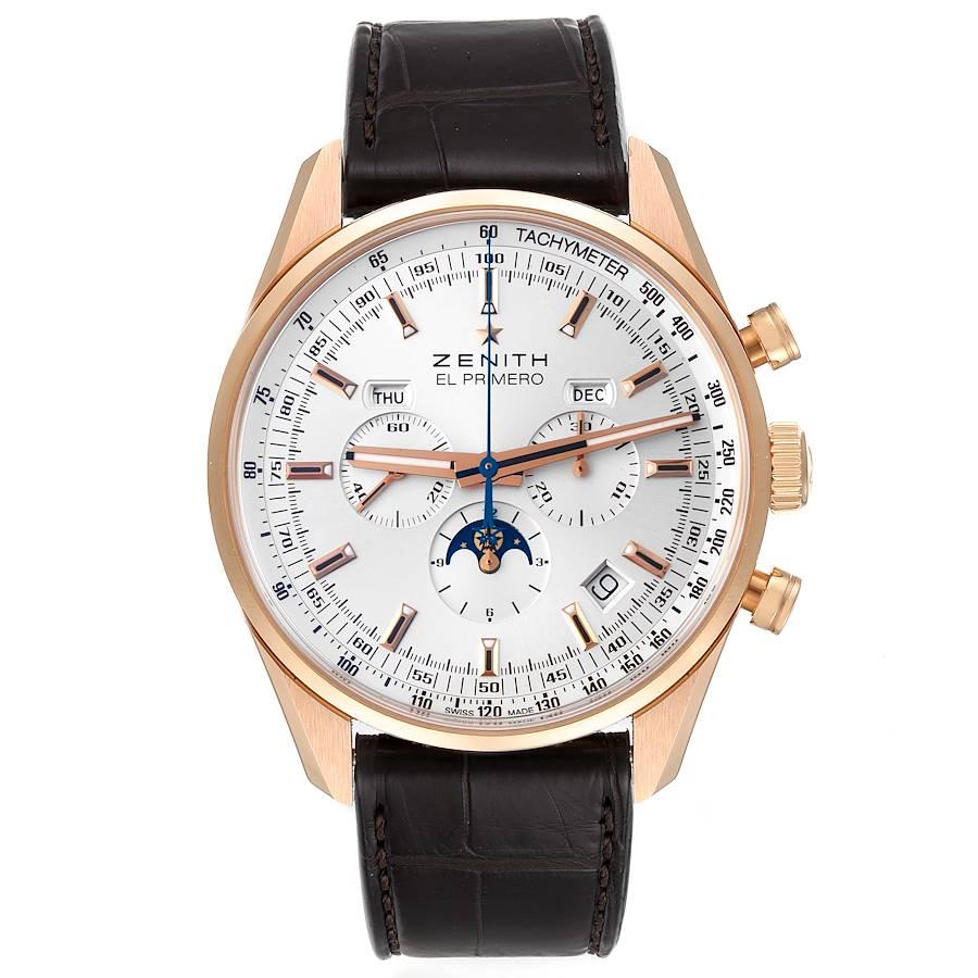 Zenith El Primero 410 Complete Calendar Moonphase Watch 18.2091.410. Automatic self-winding chronograph movement. Calibre 410 movement is rhodium-plated. 31 jewels, Shock absorber mechanism. Straight-line lever escapement. Adjusted for heat, cold,