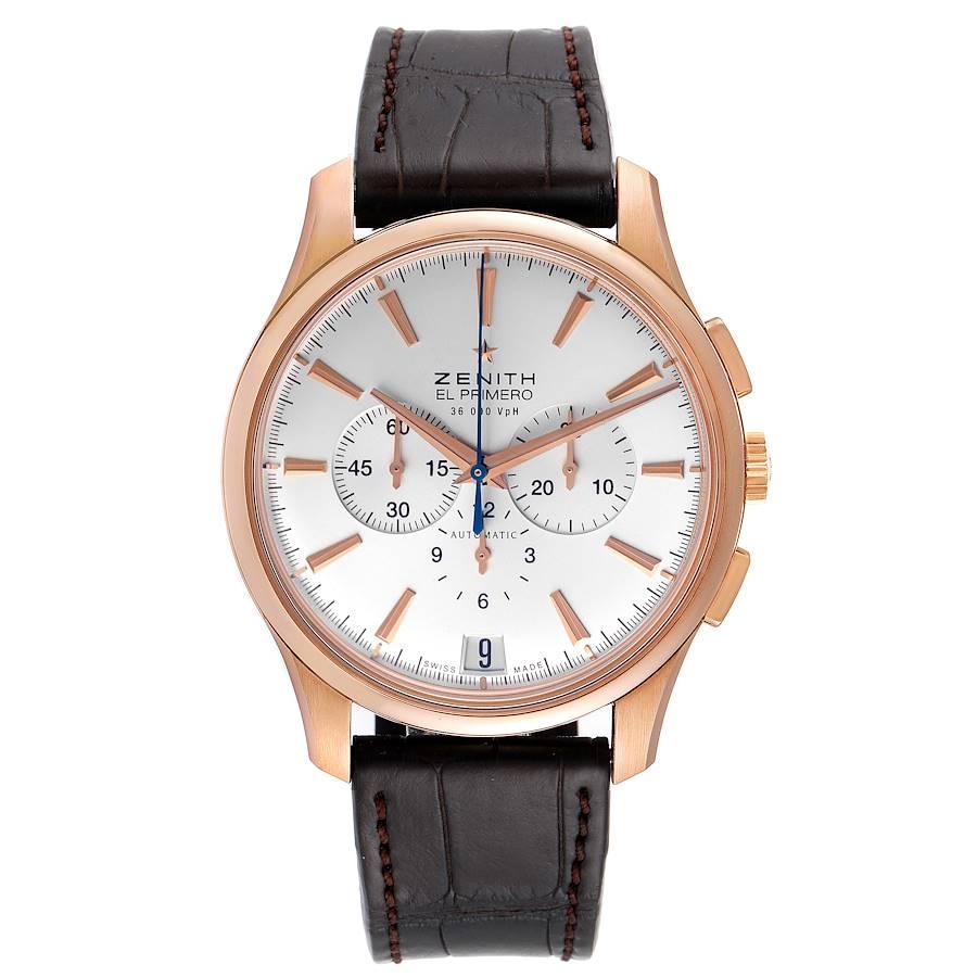 Zenith El Primero Captain Rose Gold Chronograph Mens Watch 18.2110.400 Unworn. Zenith El Primero self-winding chronograph movement. 18k rose gold case 42 mm in diameter. Exhibition transparent sapphire crystal case back. 18k rose gold smooth bezel.