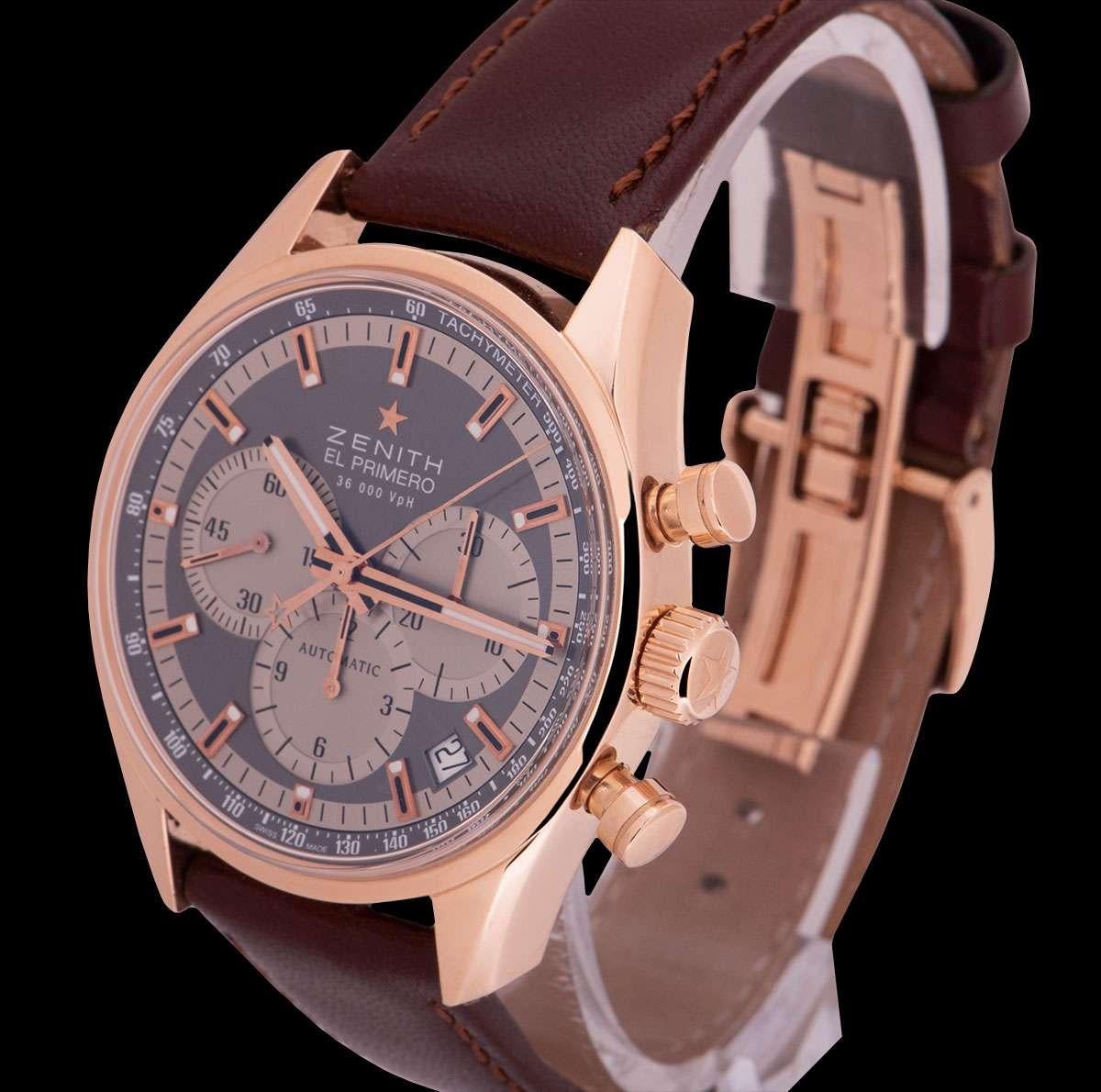 An 18k Rose Gold El Primero Gents Wristwatch, grey dial with applied hour markers, 30 minute recorder at 3 0'clock, date between 4 and 5 0'clock, 12 hour recorder at 6 0'clock, small seconds at 9 0'clock, tachymeter scale around the edge of the