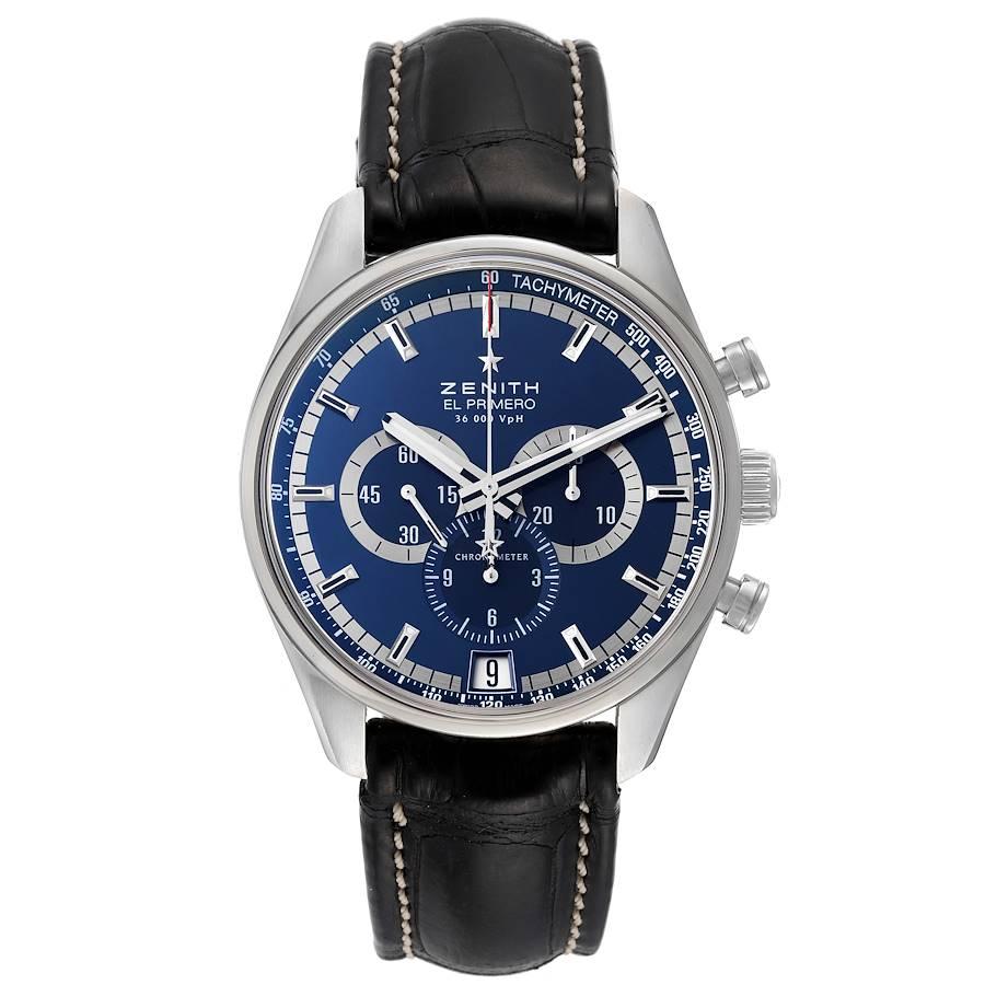 Zenith El Primero Chronograph Steel Blue Dial Mens Watch 03.2041.400. Zenith El Primero self-winding chronograph movement. Stainless steel case 42 mm in diameter. Exhibition transparent sapphire crystal case back. Stainless steel bezel. Scratch
