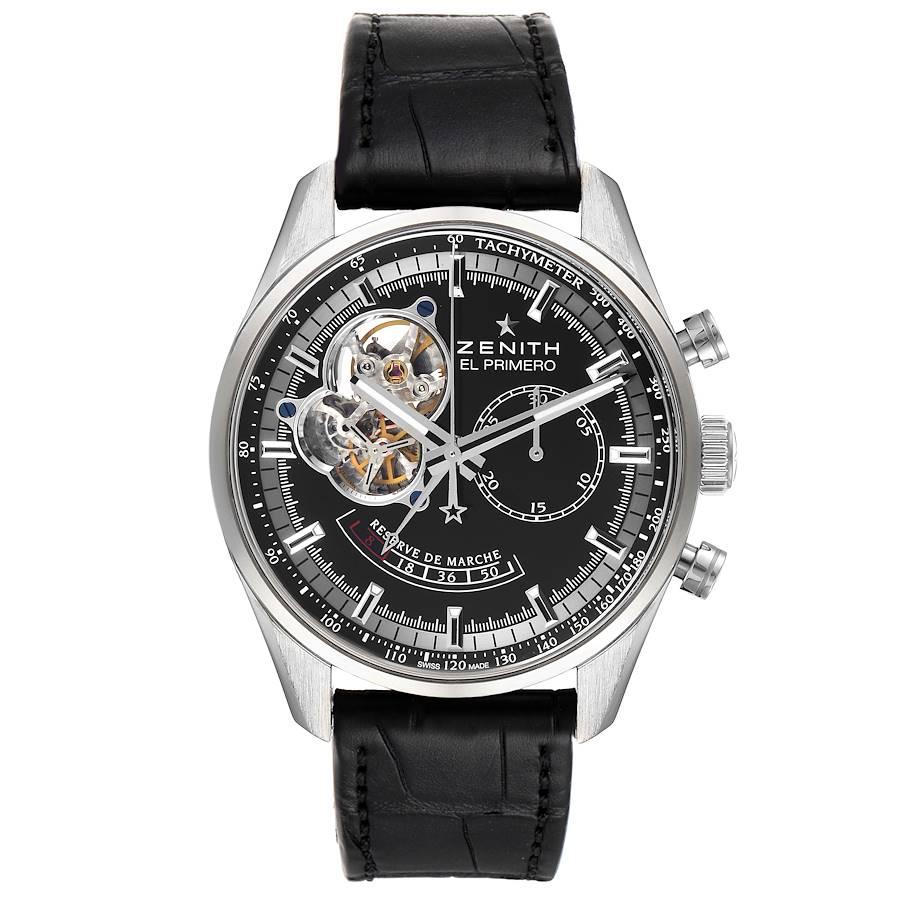Zenith El Primero Chronomaster Power Reserve Watch 03.2080.4021 Box Card. Zenith El Primero self-winding movement . Stainless steel case 42.0 mm in diameter. Exhibition sapphire crystal case back. Stainless steel smooth bezel. Scratch resistant
