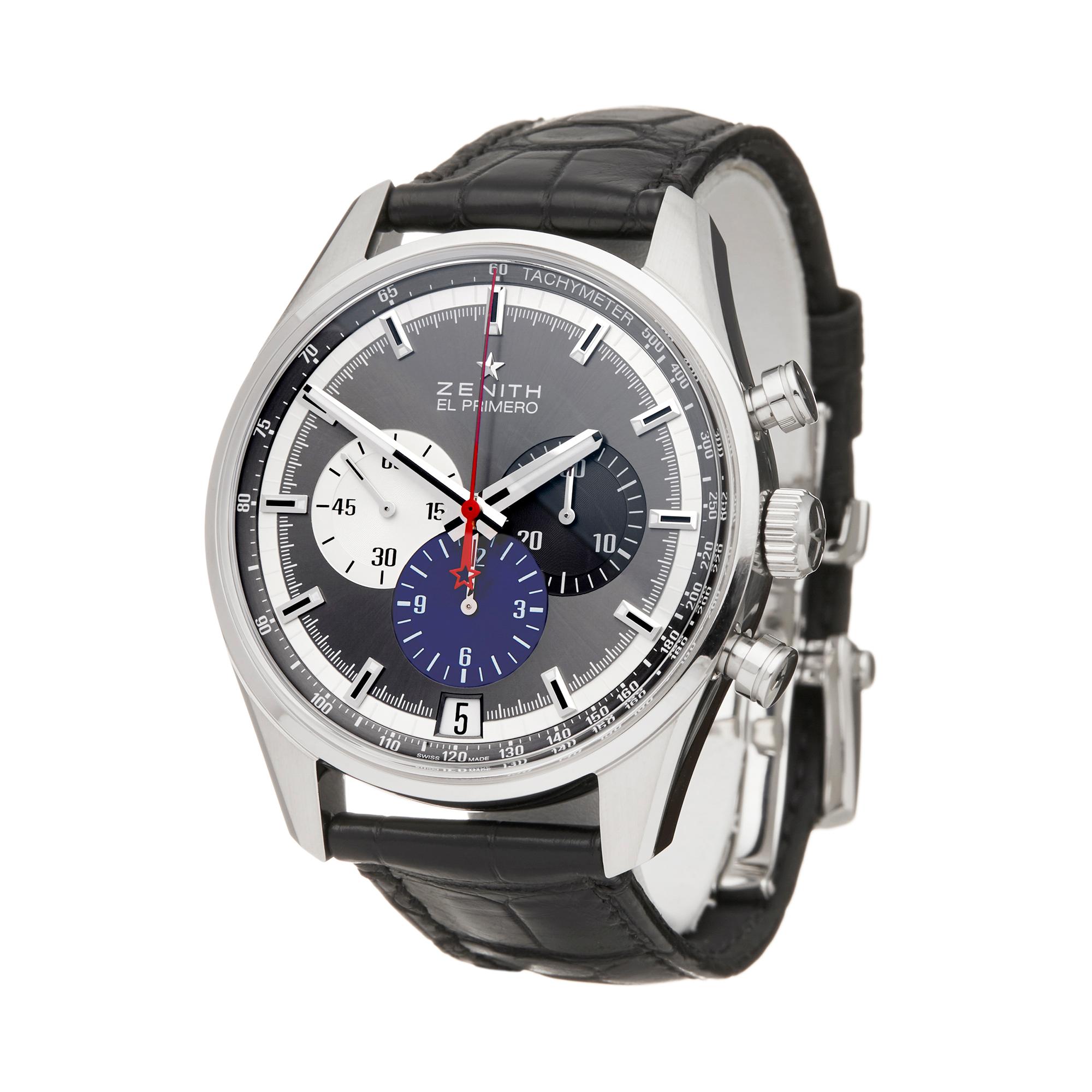 Reference: W5982
Manufacturer: Zenith
Model: El Primero
Model Reference: 03.2040.400/26.C496
Age: 17th October 2017
Gender: Men's
Box and Papers: Presentation Box, Manuals and Guarantee
Dial: Silver Baton
Glass: Sapphire Crystal
Movement: