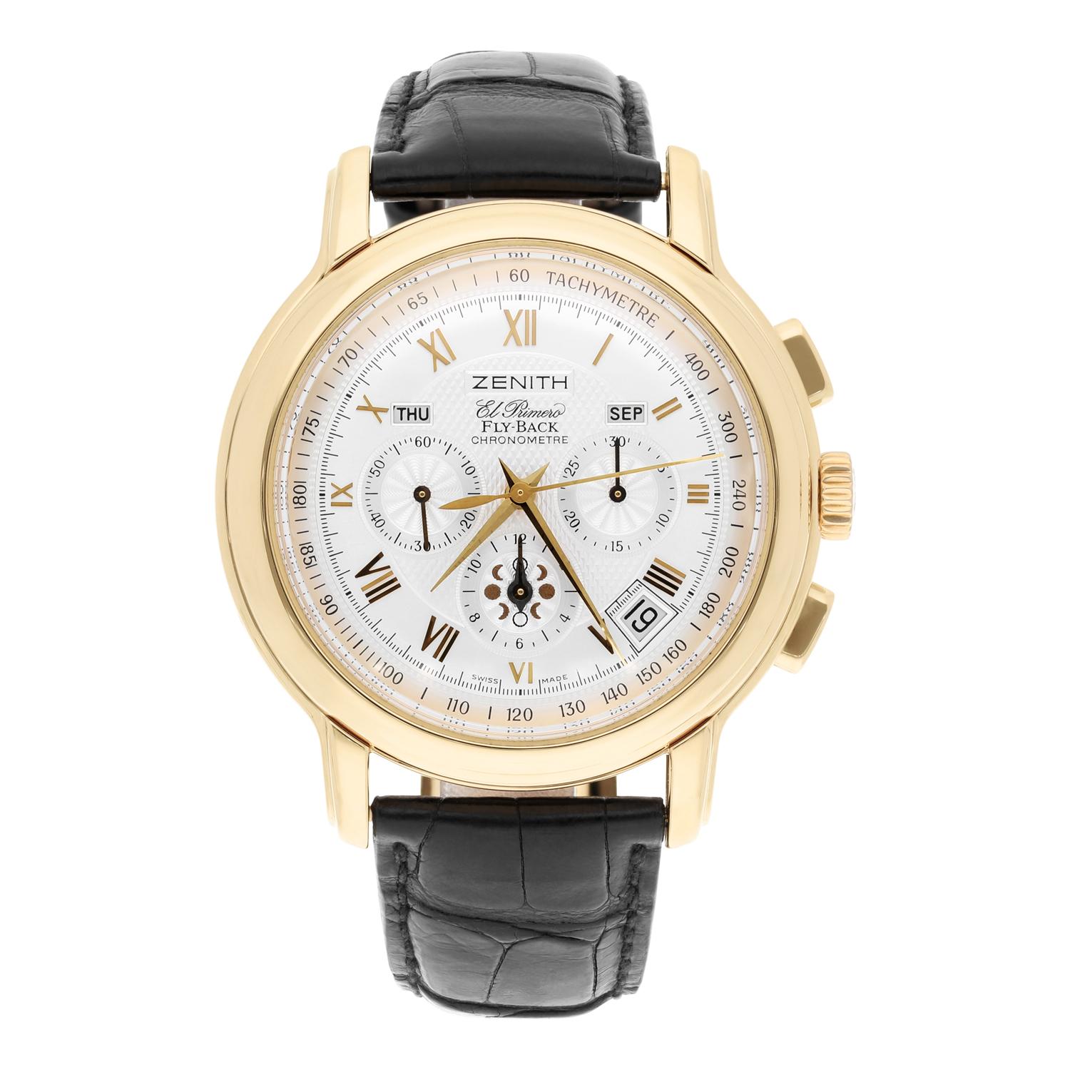 This luxurious Zenith El Primero wristwatch is a true statement piece for any stylish man. With a round 43mm yellow gold case, and a black leather band, this watch exudes classic style. The silver dial features Roman numerals and a guilloche