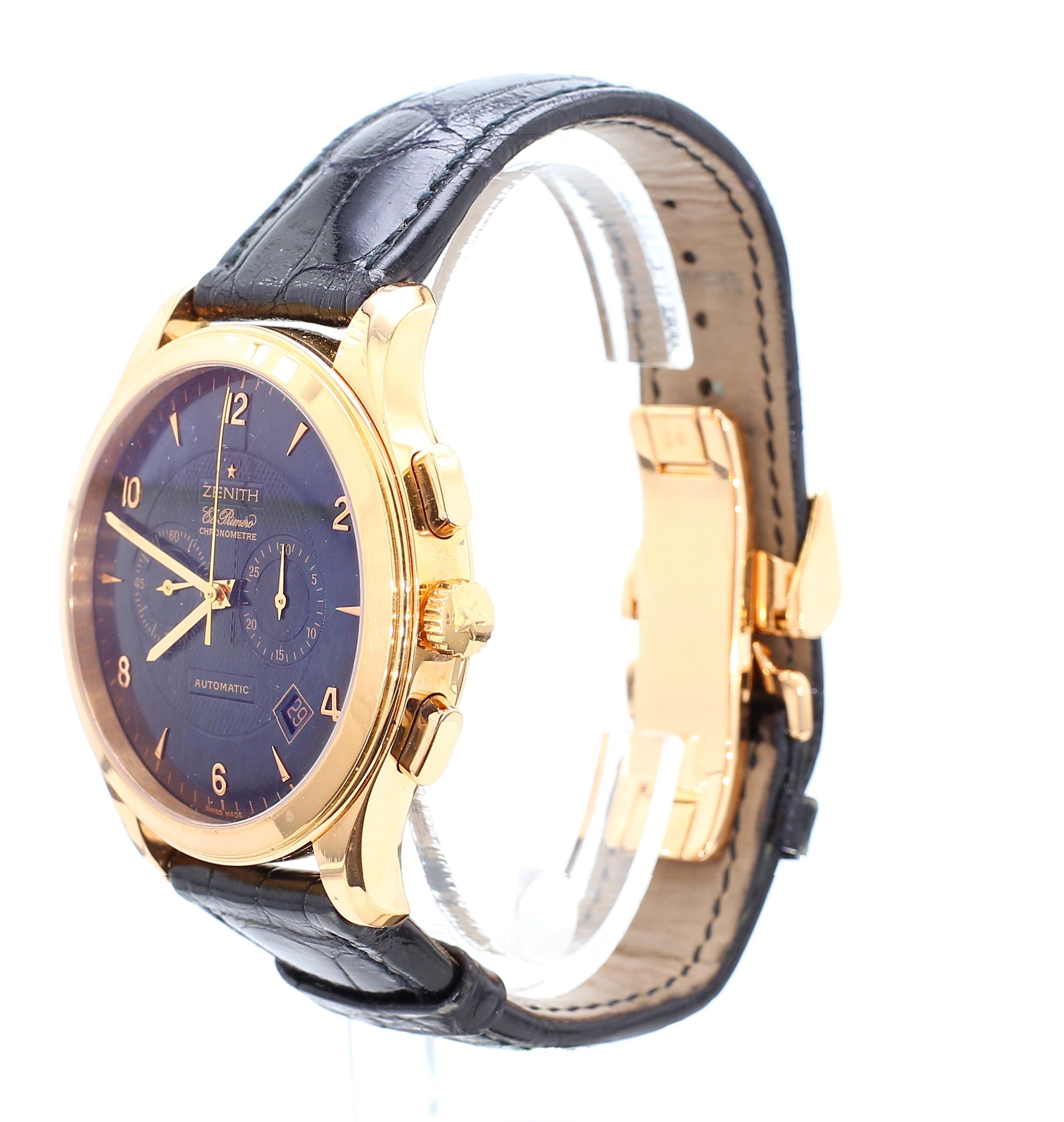 Zenith El Primero Grande Class Chronograph Automatic 18K Rose Gold Black Watch en vente 6
