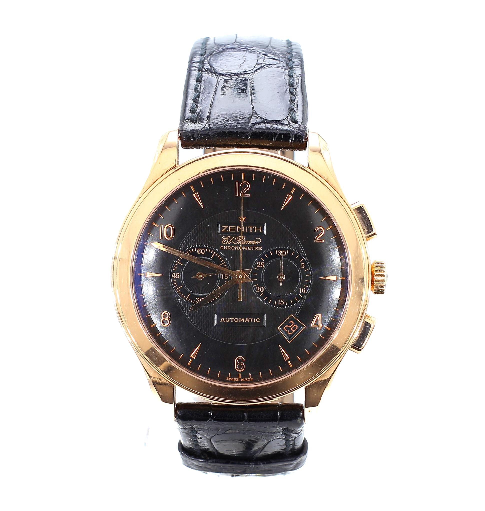 Zenith El Primero Grande Class Chronograph Automatic 18K Rose Gold Black Watch en vente 8