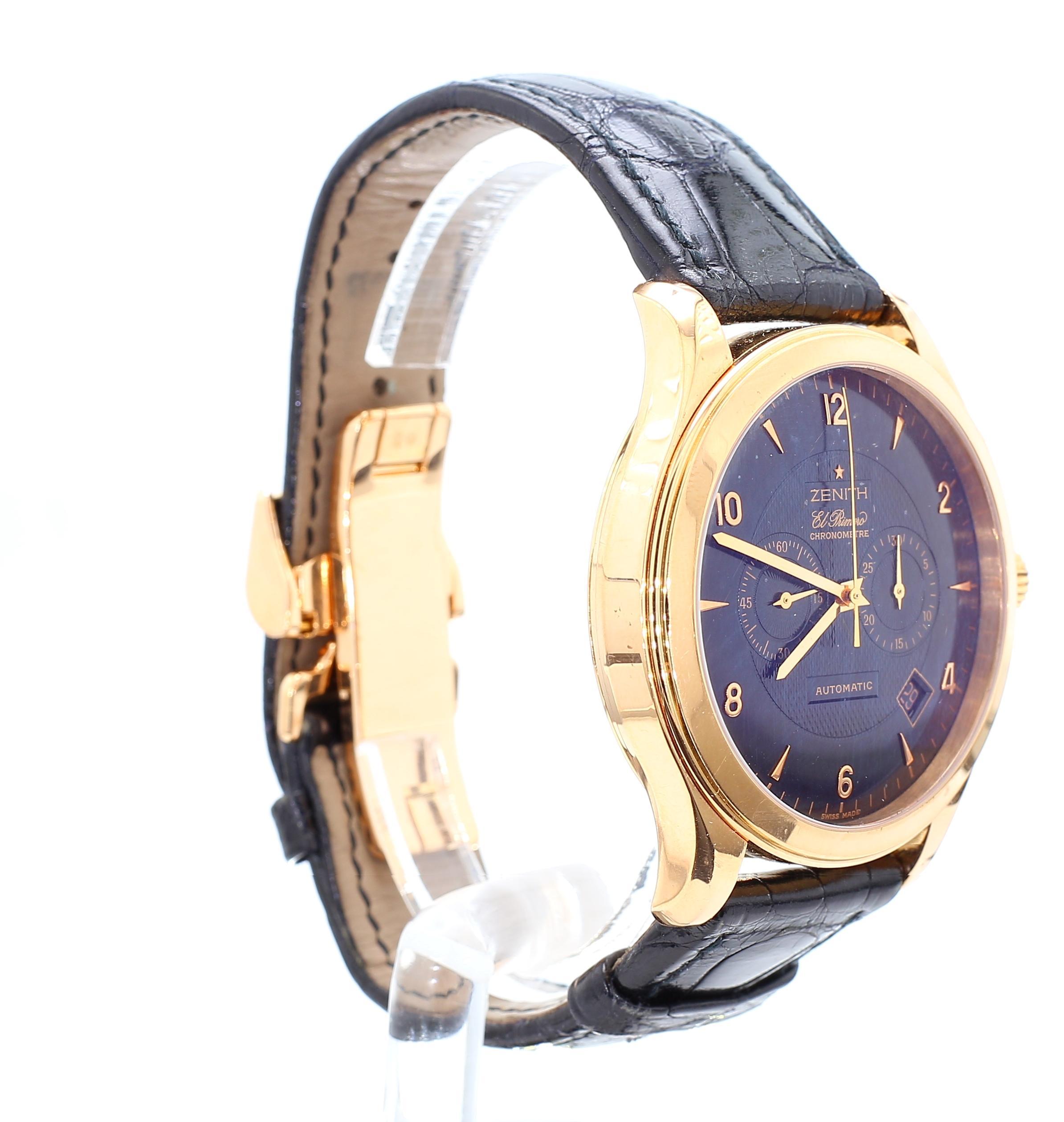 Zenith El Primero Grande Class Chronograph in 18K rose gold with automatic COSC movement and black guilloche dial. Limited edition No. 93 of 250 with sapphire display back and deployant clasp. 44mm case size.

Details:
Item Type: Men’s Chronograph