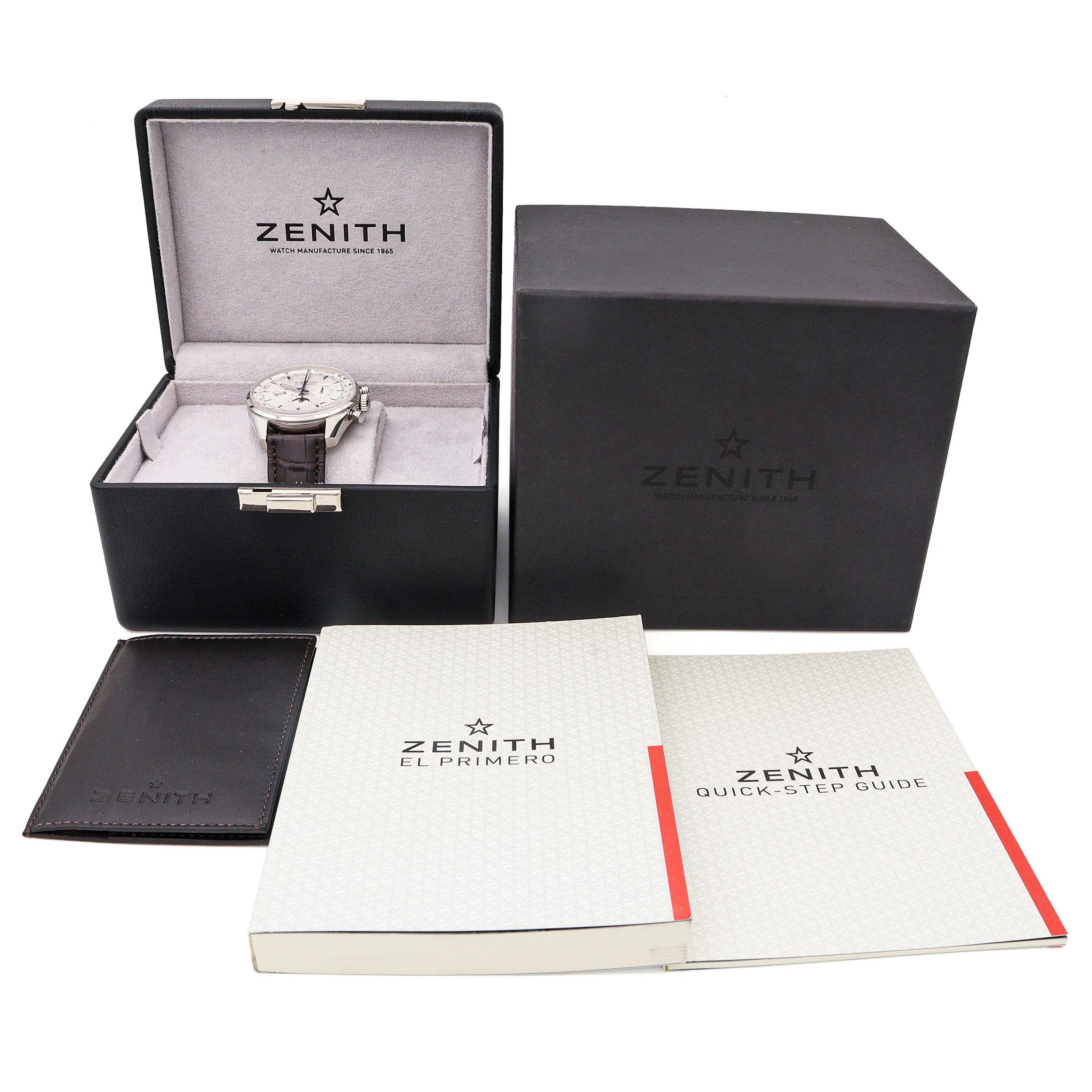 Die Zenith El Primero Ref. 03.2091.410 ist ein meisterhafter Ausdruck der Spitzenuhrmacherei. 03.2091.410 stellt das ikonische Chronographenwerk der Marke mit raffinierter Eleganz zur Schau. Mit seinem polierten Edelstahlgehäuse und dem raffinierten