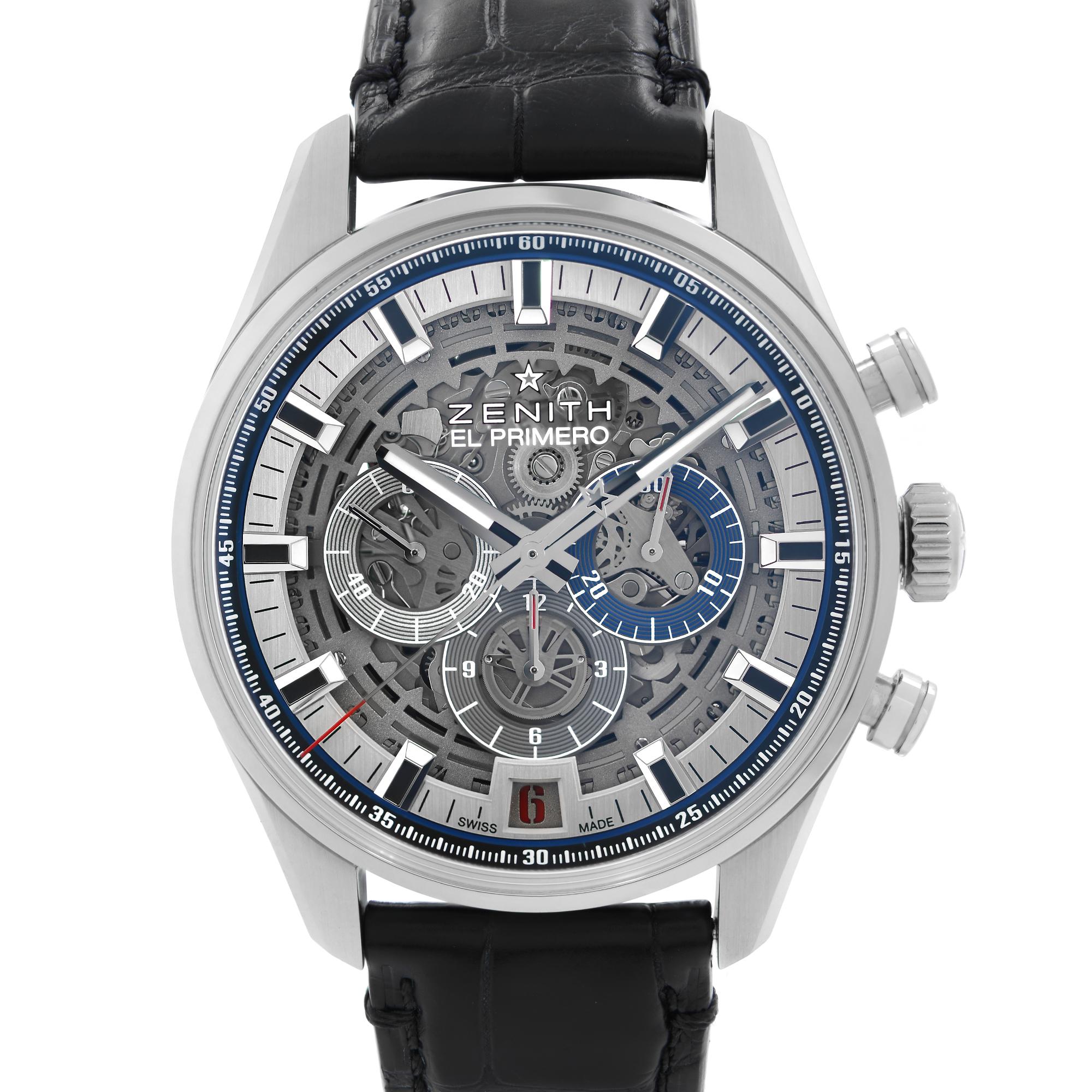 Pre-owned Like New Zenith El Primero Steel Chronograph Skeleton Dial Men Watch 03.2081.400/78.C813. This Beautiful Timepiece Is Powered by a Mechanical (Automatic) Movement and Features: Stainless Steel Case with a Black Leather Strap. Fixed