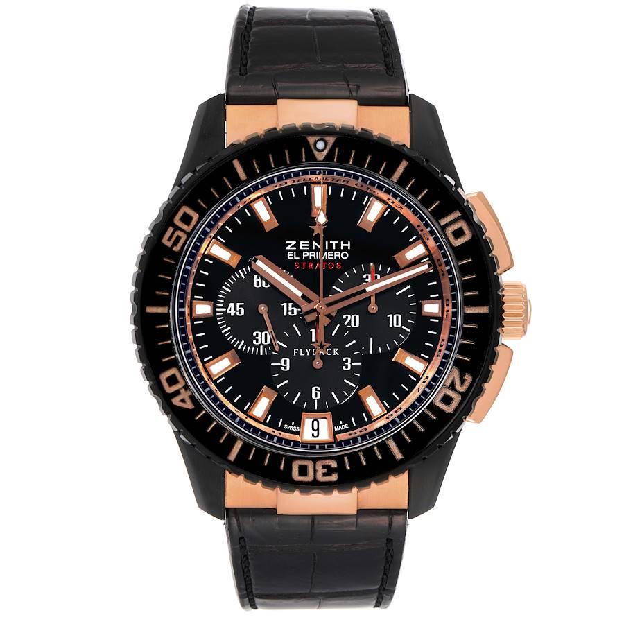 Zenith El Primero Stratos Flyback Rose Gold Black Alchron Watch 85.2060.405. Zenith Calibre El Primero 405B automatic self-winding chronograph movement. Functions: chronograph, flyback, date, hour, minute, second.  Flyback function allows instant