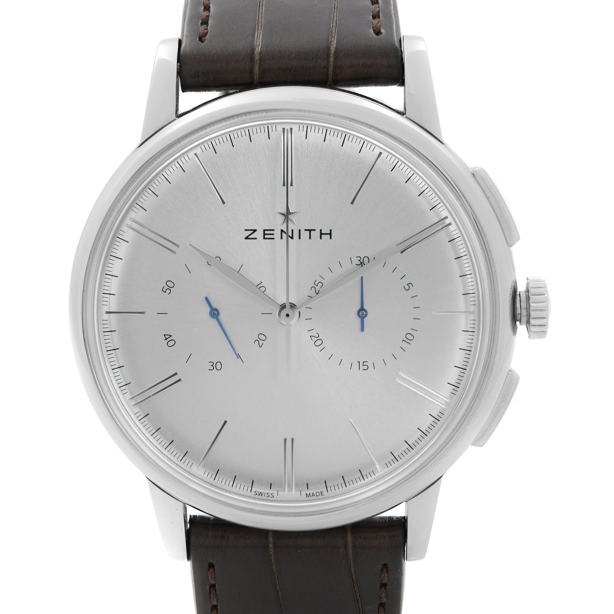 Unworn Zenith Elite 42 mm Chronograph Stainless Steel Silver Dial Men's Automatic Watch 03.2270.4069. The Watch is powered by an Automatic Movement. This Beautiful Timepiece Features: Polished Stainless Steel Round Case and Two-Piece Alligator