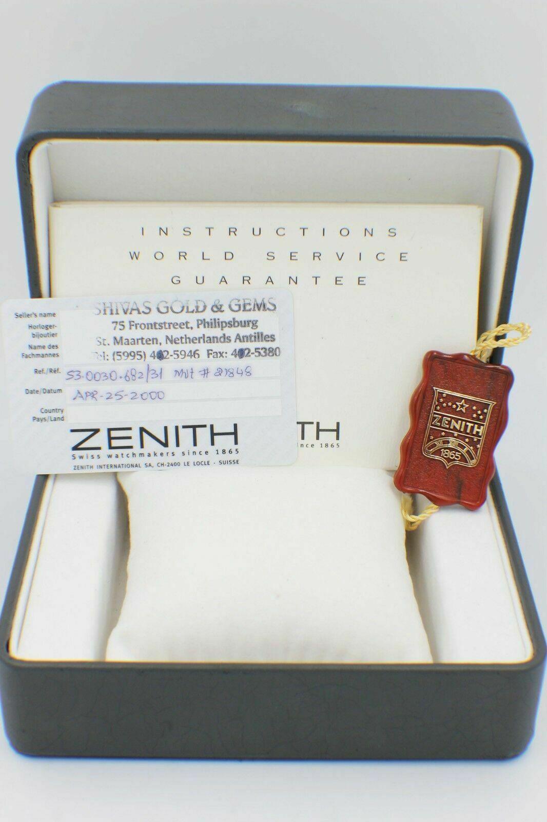 Women's or Men's Zenith Elite Ref 53 0030 682 18 Karat Yellow Gold and Stainless Steel Box Papers