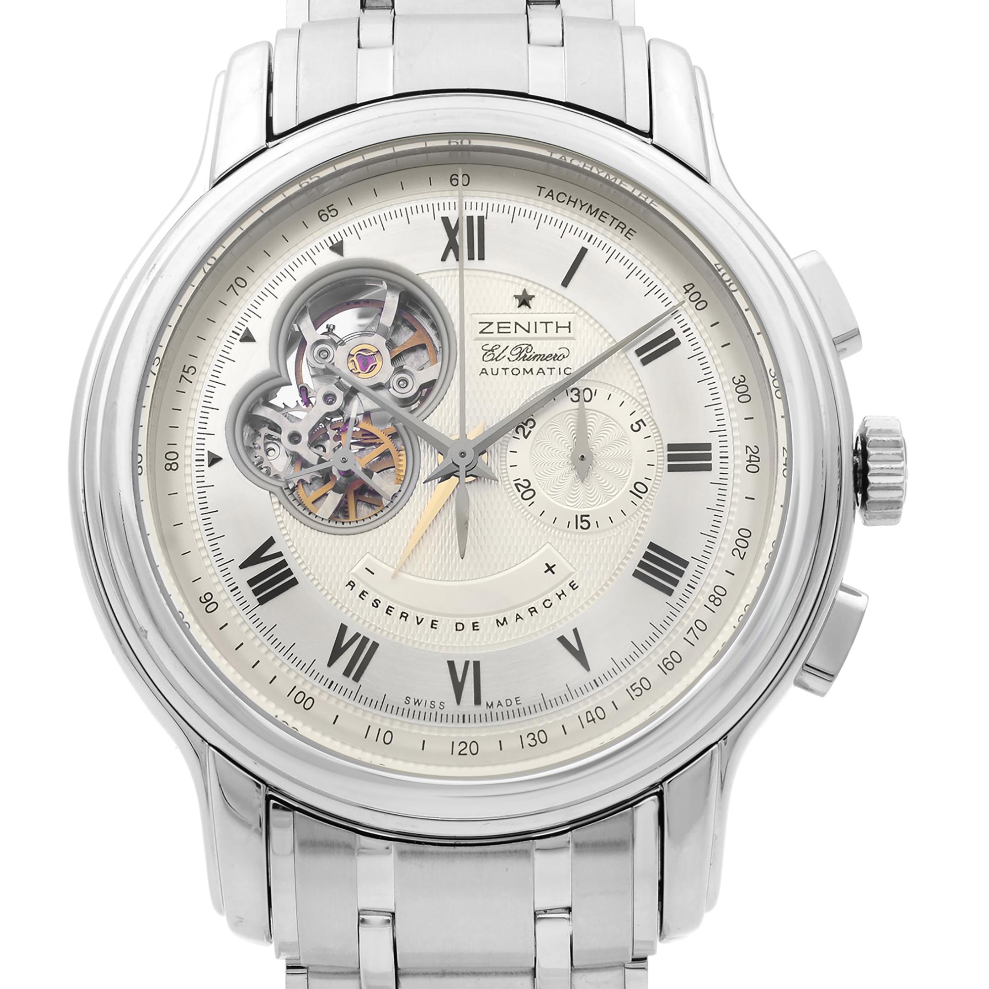 This pre-owned Zenith El Primero 03.1260.4021 is a beautiful men's timepiece that is powered by mechanical (automatic) movement which is cased in a stainless steel case. It has a round shape face, chronograph, power reserve indicator, small seconds