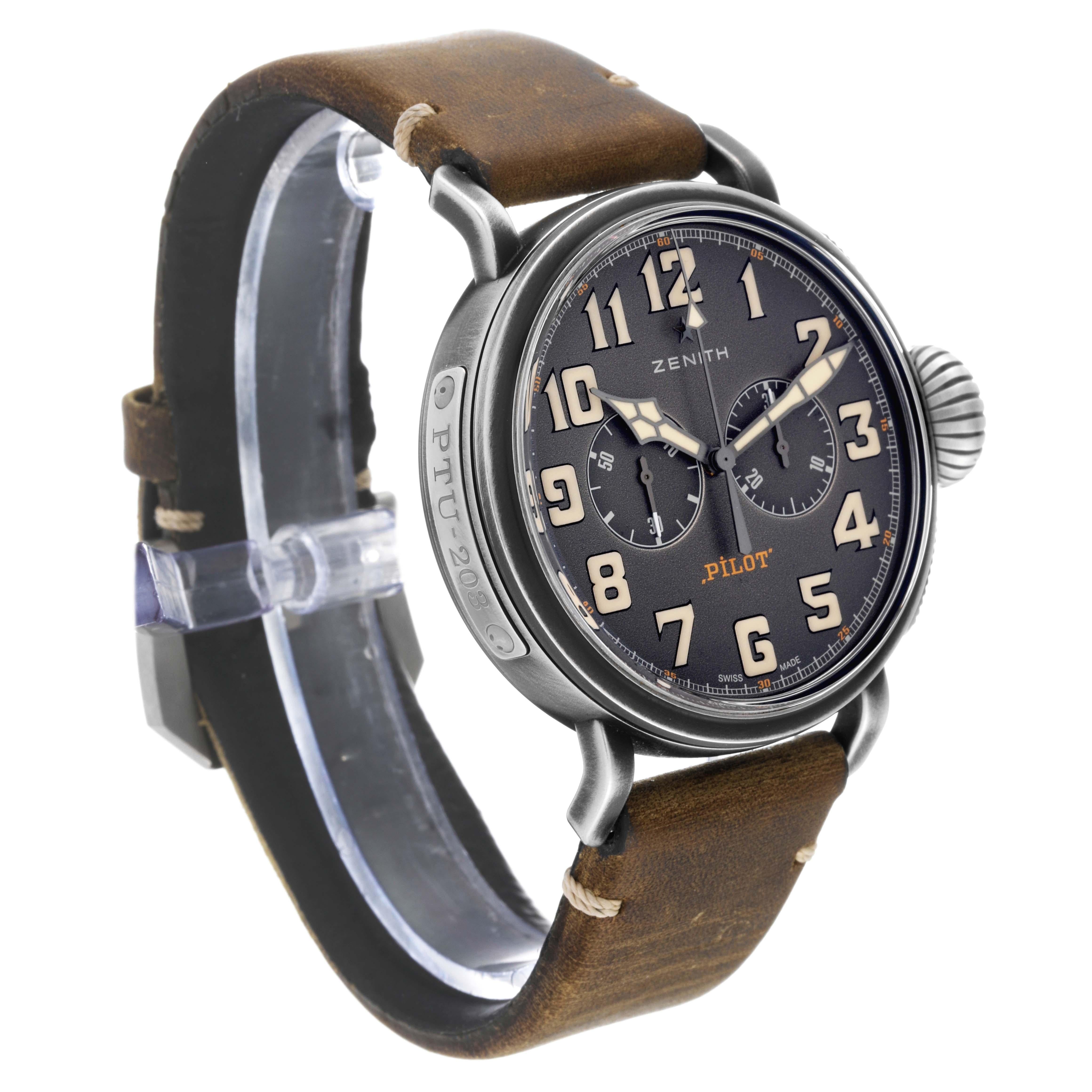 Zenith Heritage Pilot Type 20 Chronograph Steel Titanium Mens Watch 11.2430.4069. Zenith El Primero automatic self-winding movement . Stainless steel case 45 mm in diameter. Oversized onion-shaped crown. Titanium caseback with cafe racer engraving.