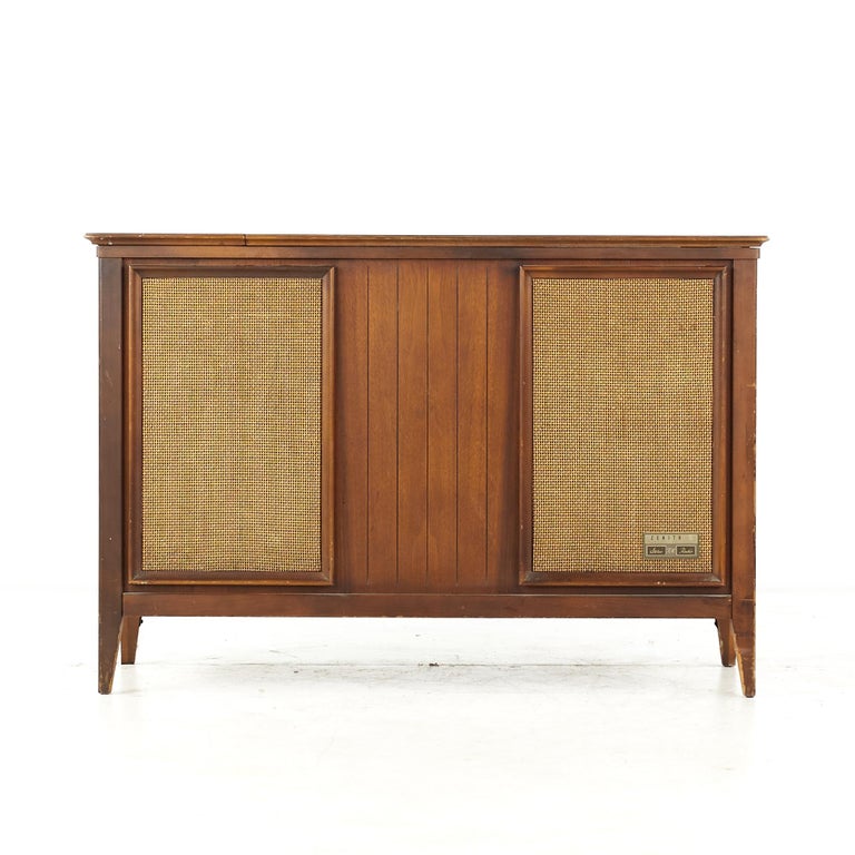 Zenith Mid Century Walnut and Cane Stereo Console For Sale at 1stDibs