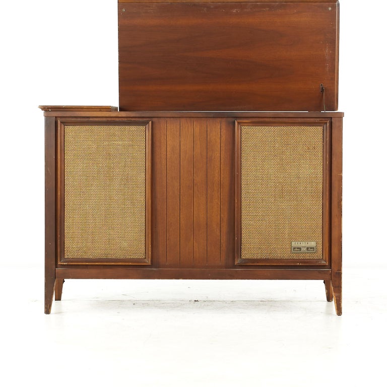 Zenith Mid Century Walnut and Cane Stereo Console For Sale at 1stDibs