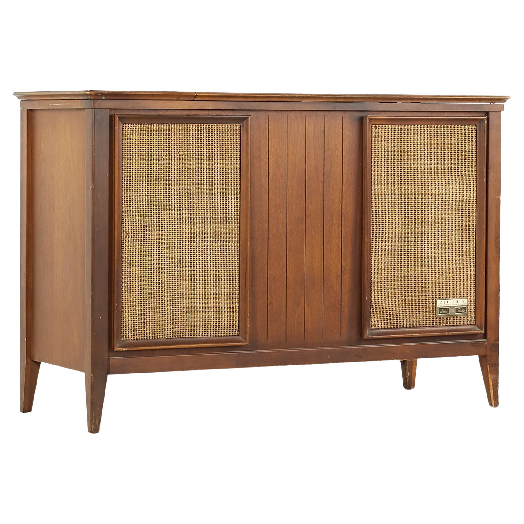 Zenith Mid Century Walnut and Cane Stereo Console
