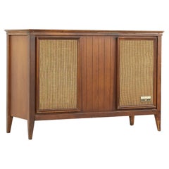 Vintage Zenith Mid Century Walnut and Cane Stereo Console