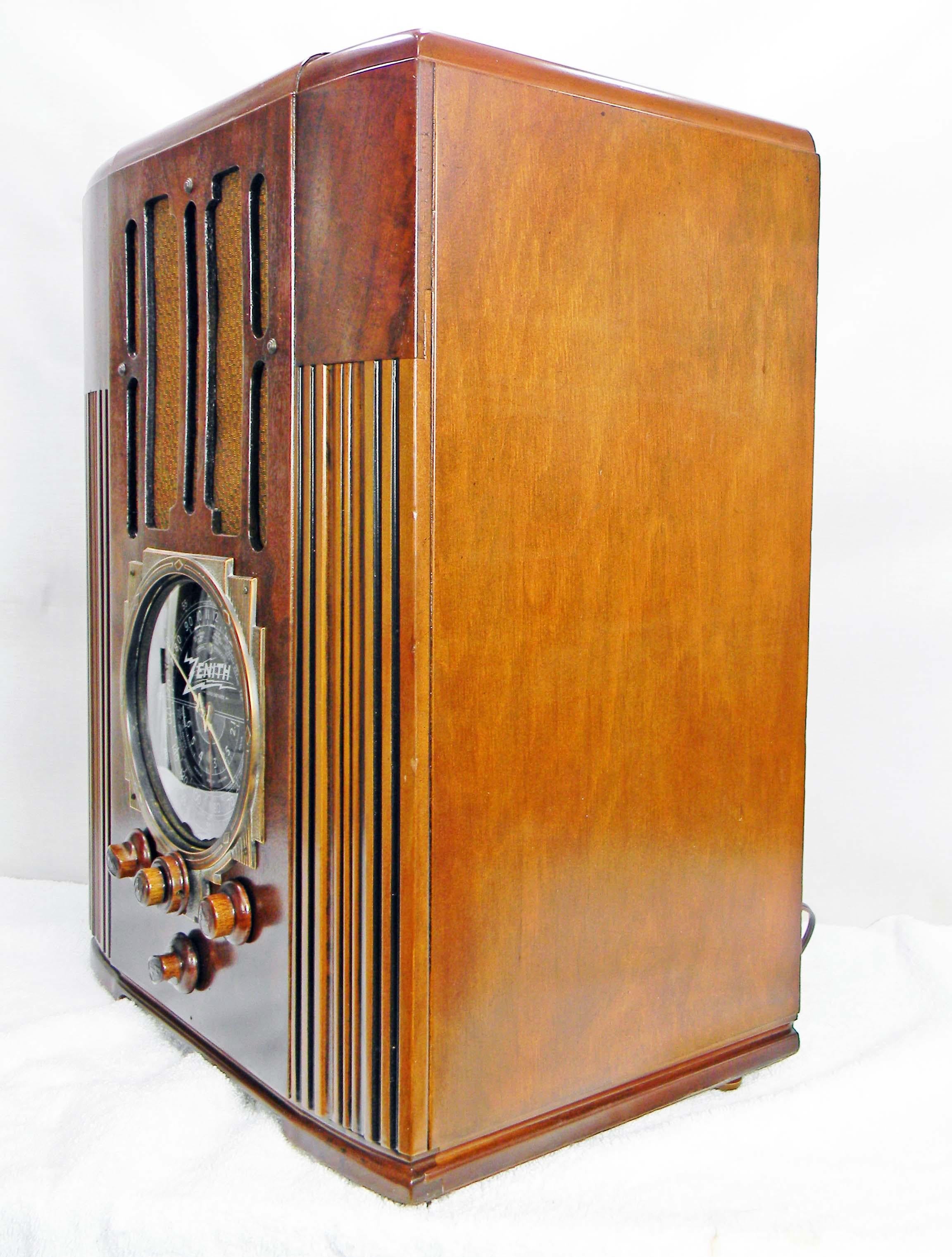 Zenith Model 9-S-30 Tombstone (1936) Art Deco Bluetooth Tube Radio. This model is a rare one, as they were expensive in the depths of the Depression. This was one of the models that employed a console chassis in a large table style cabinet.