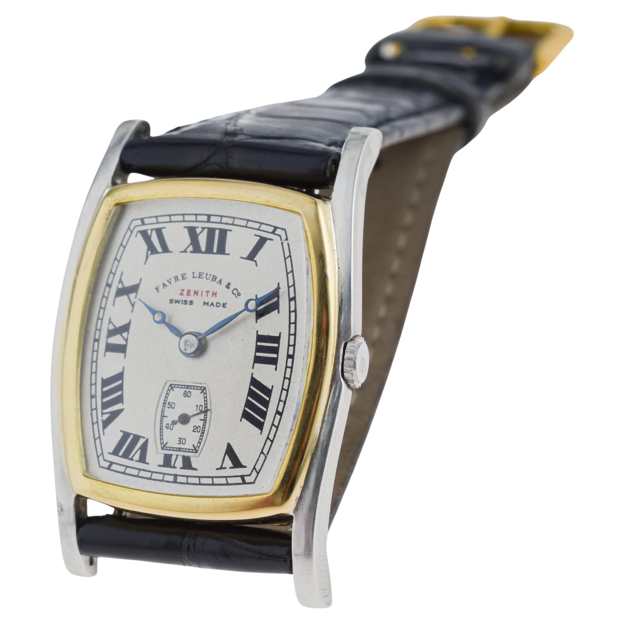 Zenith Rare Two Tone 18Kt Gold  Art Deco Watch circa 1930's for Favre Leuba For Sale 6