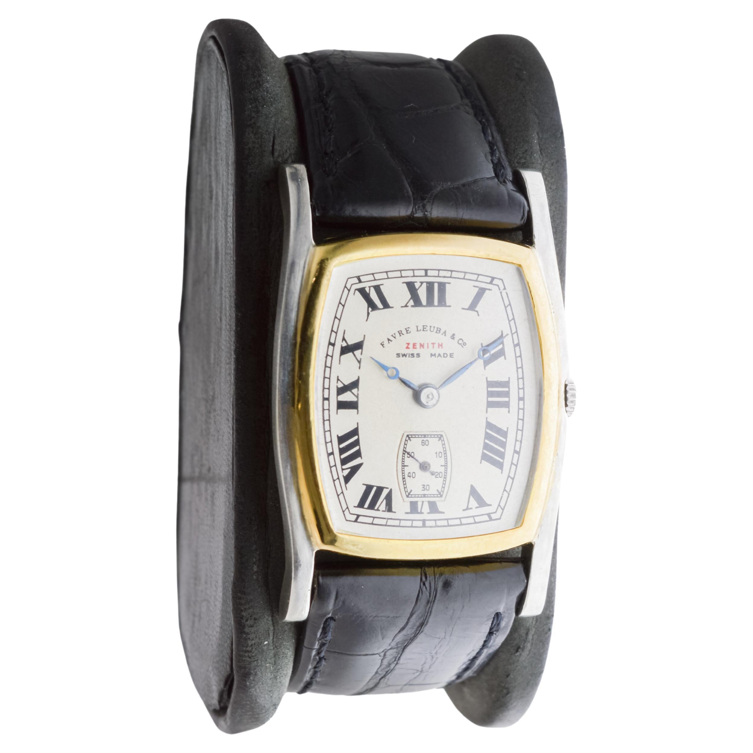 Zenith Rare Two Tone 18Kt Gold  Art Deco Watch circa 1930's for Favre Leuba In Excellent Condition For Sale In Long Beach, CA