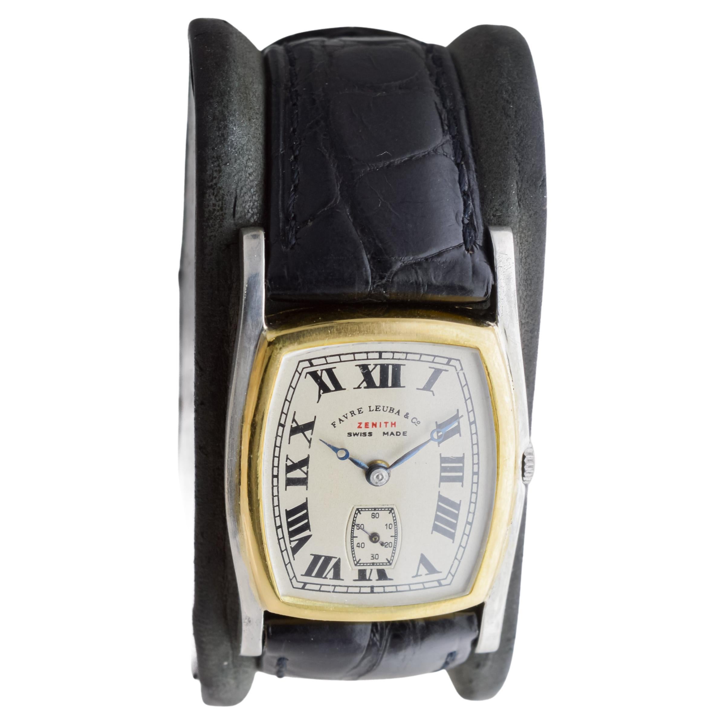 Women's or Men's Zenith Rare Two Tone 18Kt Gold  Art Deco Watch circa 1930's for Favre Leuba For Sale