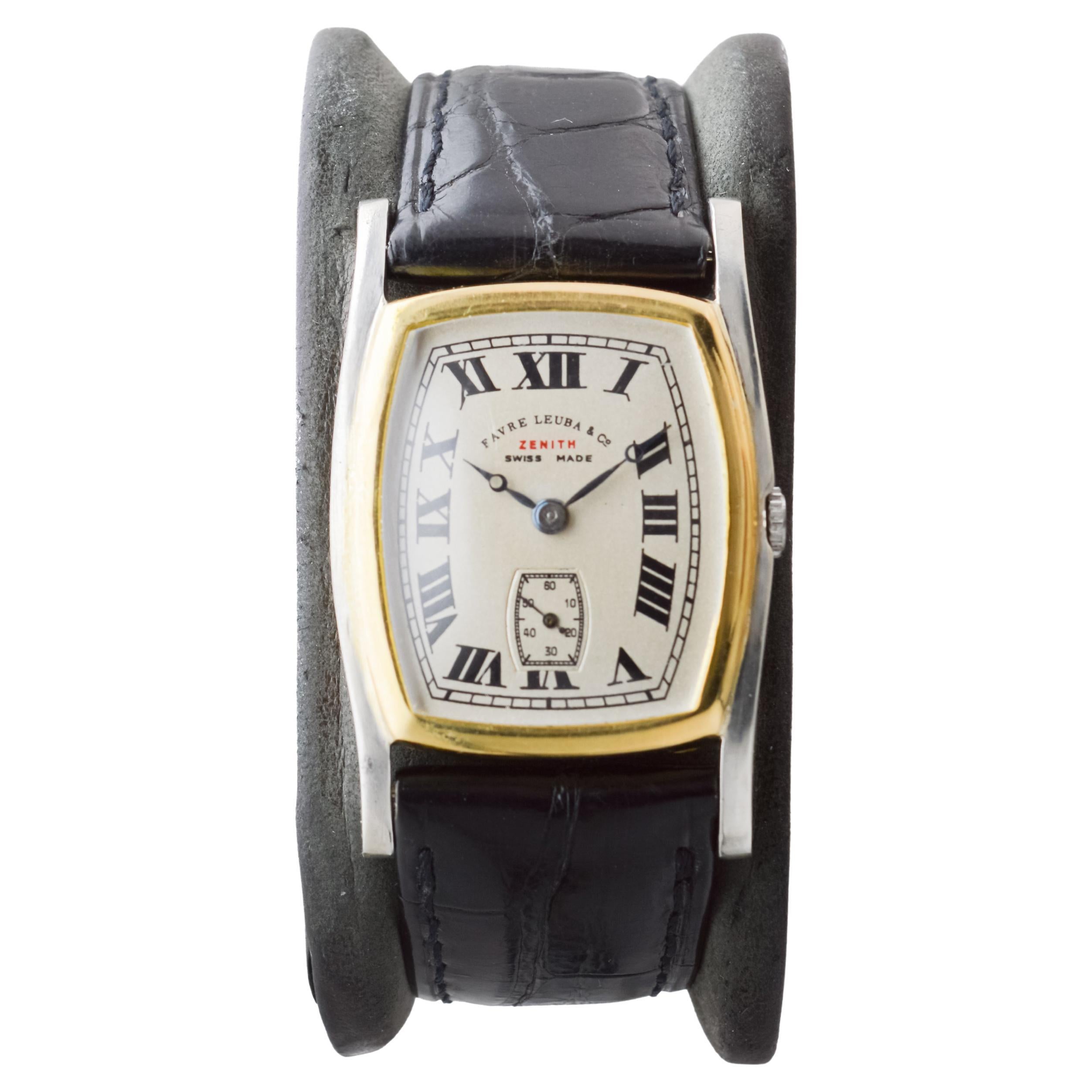 Zenith Rare Two Tone 18Kt Gold  Art Deco Watch circa 1930's for Favre Leuba For Sale 1